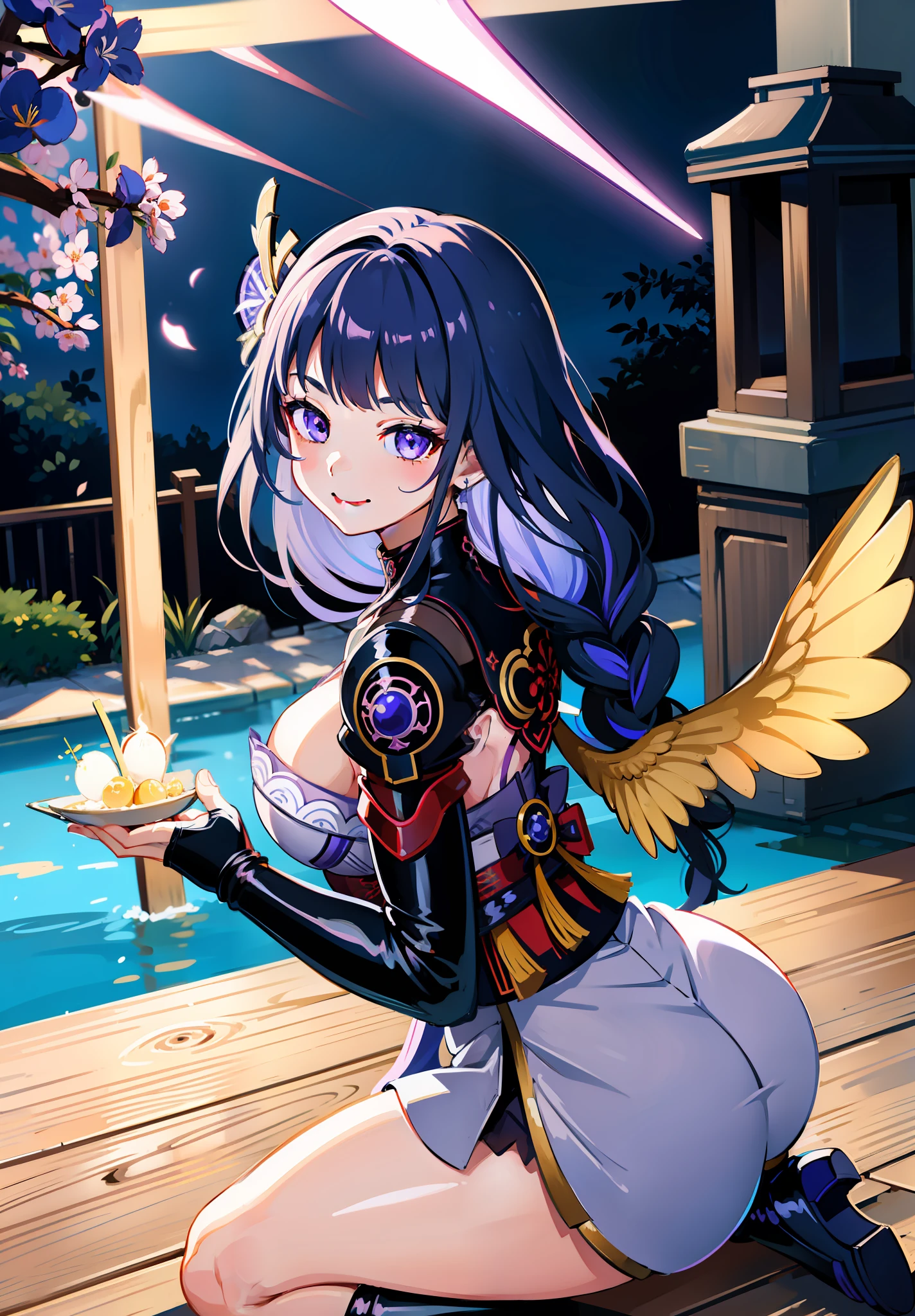 Girl, Raiden Shogun, Korean woman, shoulder exposure, shoulder smooth texture latex, coquettish smile, anime feel, evil devil, {blackening}, {teasing smile}, {teasing smile},