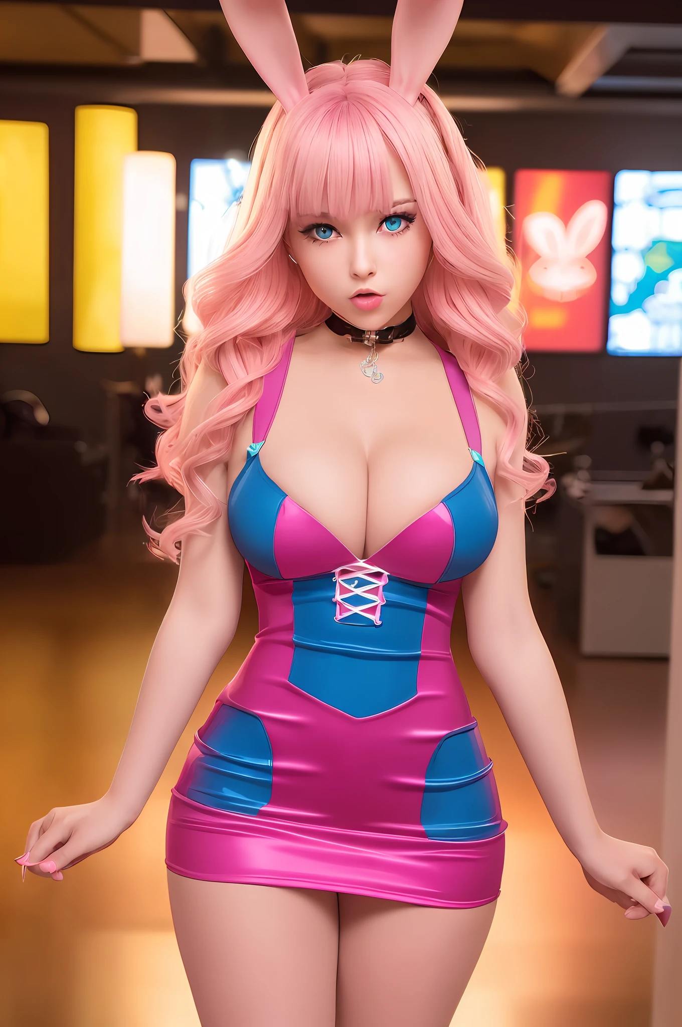 (extremely detailed and high-quality CG illustration, impressive masterpiece-like quality), (bold and vibrant colors with bright highlights for an exciting and eye-catching look), a stunning and seductive American bimbo in a playful bunny dress, striking and provocative, with an irresistible and flirtatious expression.