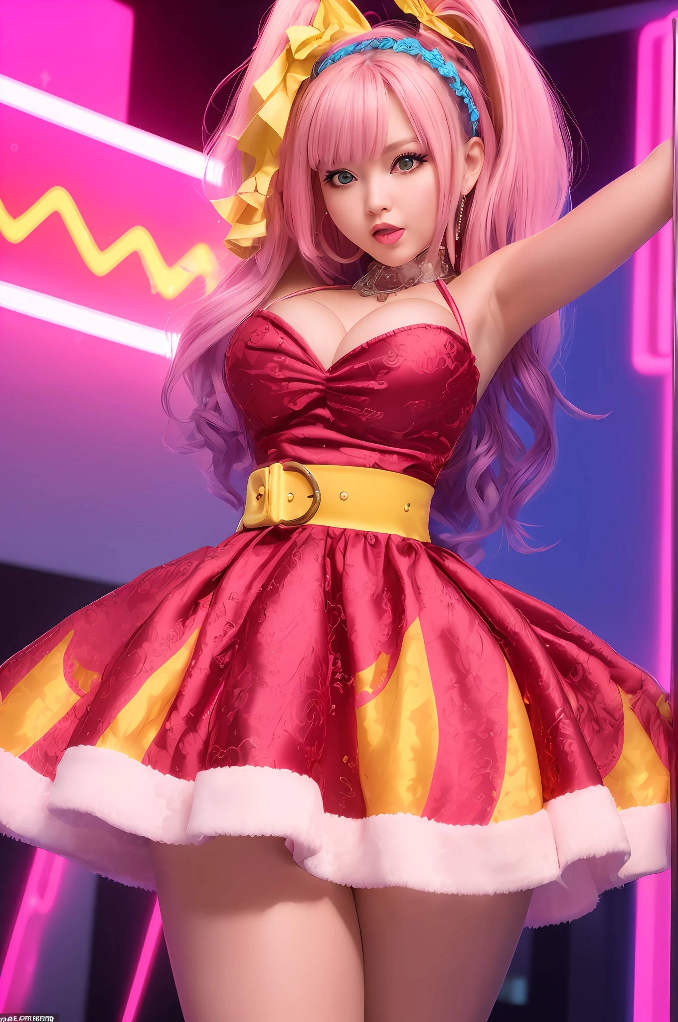 (extremely detailed and high-quality CG illustration, impressive masterpiece-like quality), (bold and vibrant colors with bright highlights for an exciting and eye-catching look), a stunning and seductive American  bimbo in a playful bunny dress, striking and provocative, with an irresistible and flirtatious expression.