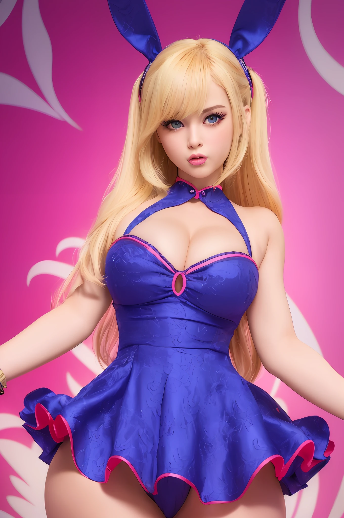 (extremely detailed and high-quality CG illustration, impressive masterpiece-like quality), (bold and vibrant colors with bright highlights for an exciting and eye-catching look), a stunning and seductive American bimbo in a playful bunny dress, striking and provocative, with an irresistible and flirtatious expression.