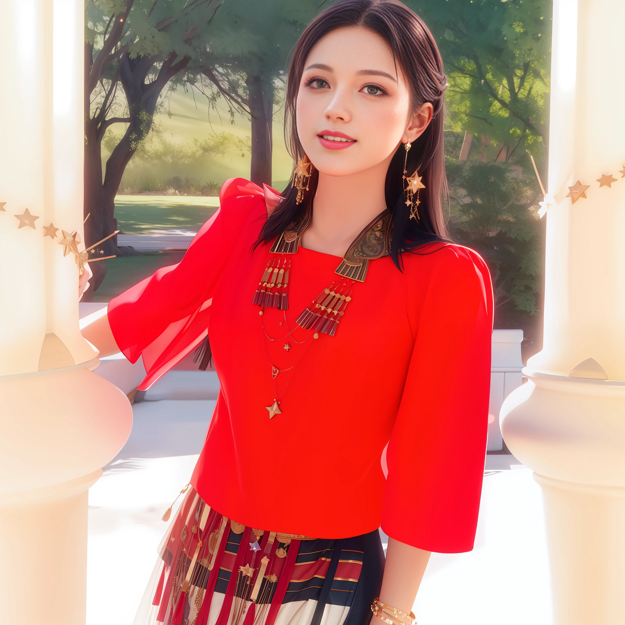 best quality, masterpiece, highres, 1girl,blush,(seductive smile:0.8),star-shaped pupils,necklace, jewelry,Beautiful face,upon_body, tyndall effect,photorealistic, dark studio, rim lighting, two tone lighting,(high detailed skin:1.2), 8k uhd, dslr, soft lighting, high quality, volumetric lighting, candid, Photograph, high resolution, 4k, 8k, Bokeh