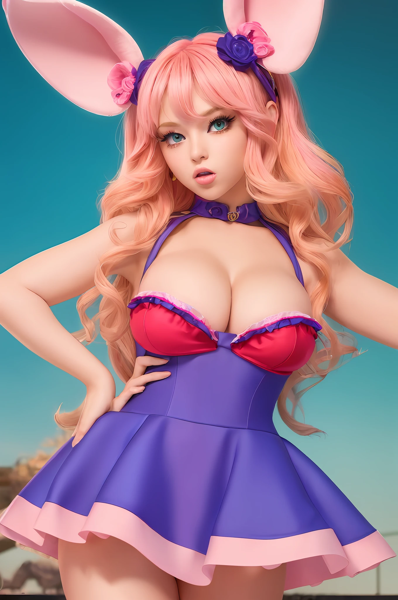 (extremely detailed and high-quality CG illustration, impressive masterpiece-like quality), (bold and vibrant colors with bright highlights for an exciting and eye-catching look), a stunning and seductive American teen bimbo in a playful bunny dress, striking and provocative, with an irresistible and flirtatious expression.