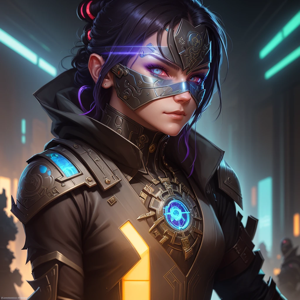 portrait of a cyberpunk masked warrior, half body, glowin eyes, d & d, fantasy, intricate, elegant, highly detailed, colorful, vivid color, digital painting, artstation, concept art, art by artgerm and greg rutkowski and alphonse mucha and ruan jia