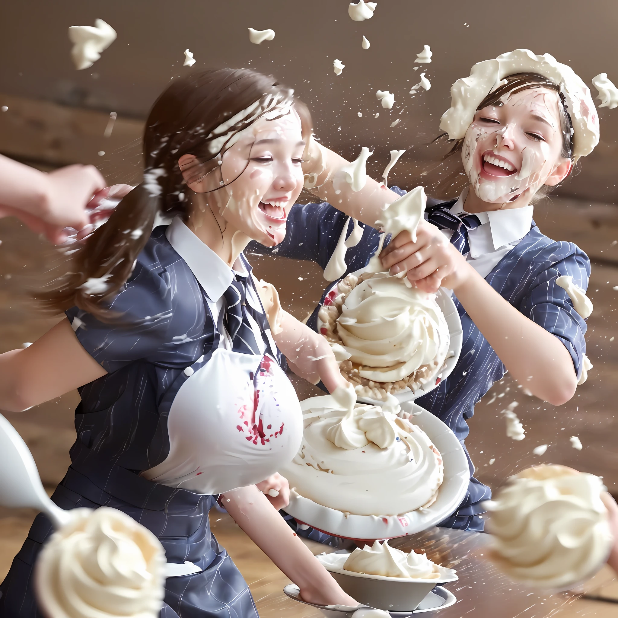 (competition, messy), (1woman), (officewear), (target of a pie throwing competition). Watch as she gets hit with an abundance of whipped cream pies to the face. It's a (messy game) and (wet and messy) experience that will leave you in stitches. (Pie throwing) and (pie fight), with (flying cream) and (thrown pies galore)