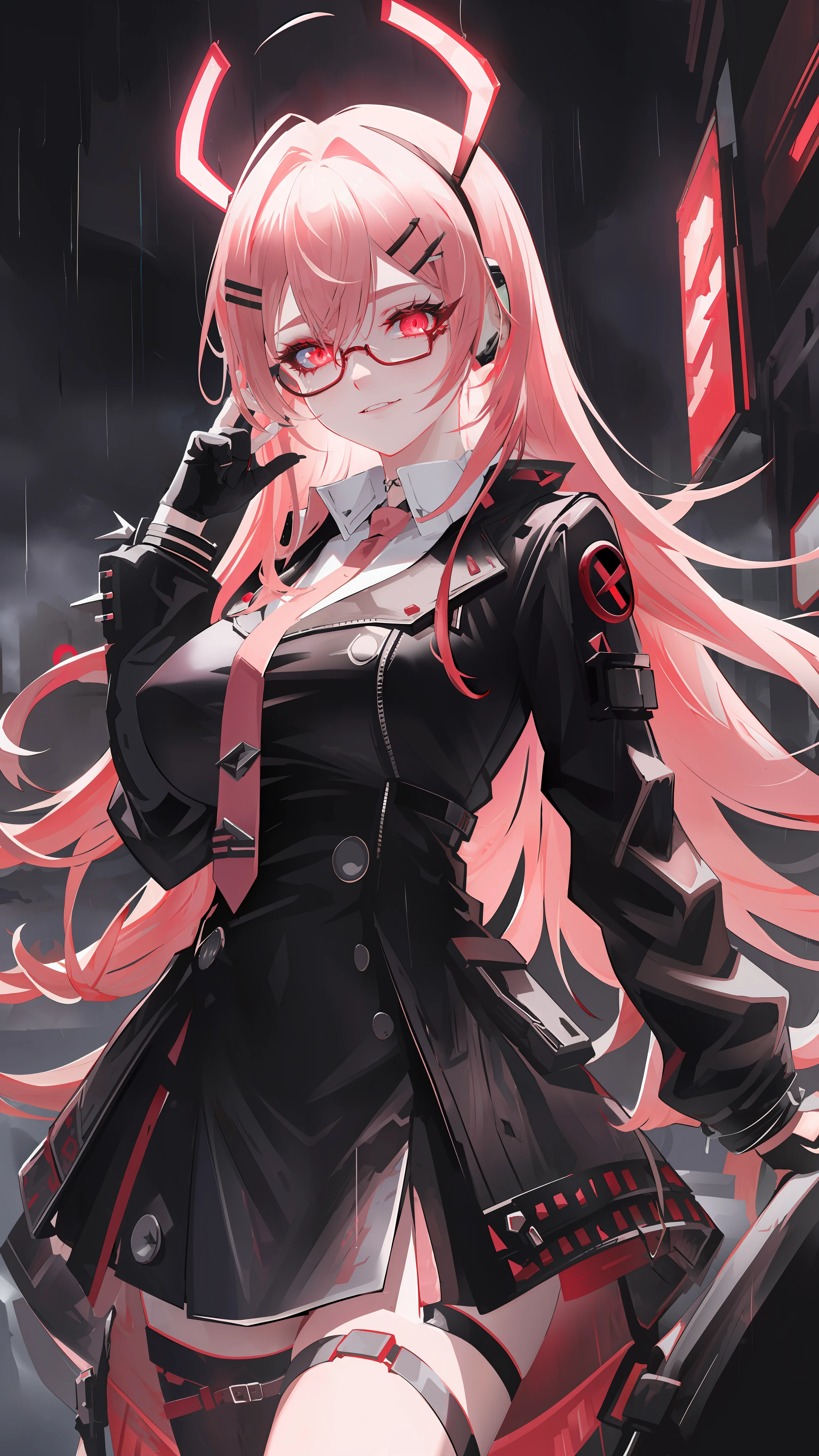 A highly detailed portrait of a solo 1girl standing on a street corner, during a rainstorm with lightning strikes and a cloudy sky, neon and cyberpunk background, she is wearing punk clothes with silver chains and silver spikes, wearing round glasses, Big breast,she has a butterfly wing hairclip in her wild hair, she has headphones and a necktie on, petite, detailed glowing red eyes with distinct pupils, ominous aura Halo, smile, punk, cyberpunk, backlighting, masterpiece, best quality, intricate detail, absurdres, chromatic aberration, depth of field, soft lighting, tone mapped, highly detailed, artstation, concept art, smooth, sharp focus, dramatic lighting, vampire queen, highly detailed artwork, pink lightning, cinematic, trending on Artstation, 8K, incredible shadows, (highly detailed background:1.0)