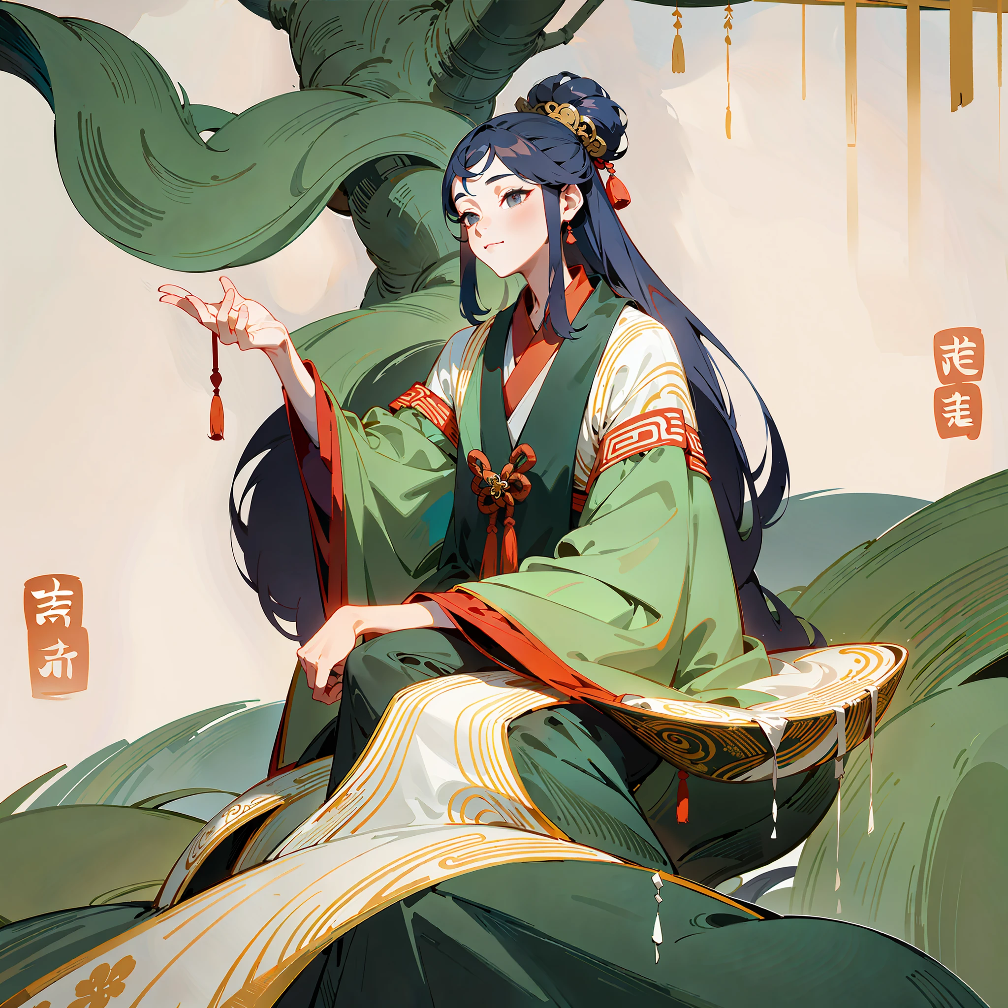 An ancient Chinese beauty leaning on the tree trunk, wearing ancient Chinese clothing, flowing tulle, light silk, lazy posture, willow, catkins, ink painting style, clean color, decisive tailoring, blank, freehand, masterpiece, super detailed, epic composition, high quality, the highest quality, 4k --v 6