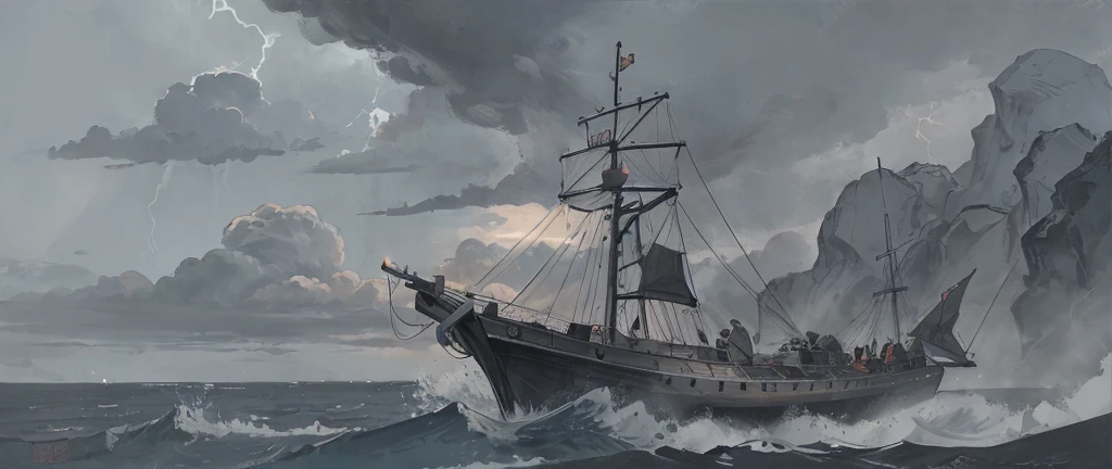 Search and Rescue boat in stormy weather, night, lightning, dark clouds, realistic lighting, comic