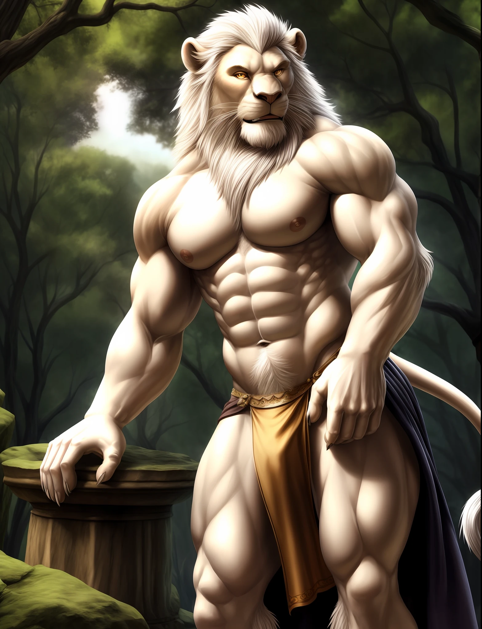 Muscular anthro lion, albino, loincloth (black), cool pose, white mane, high detail, 3D, dark shadows, savannah