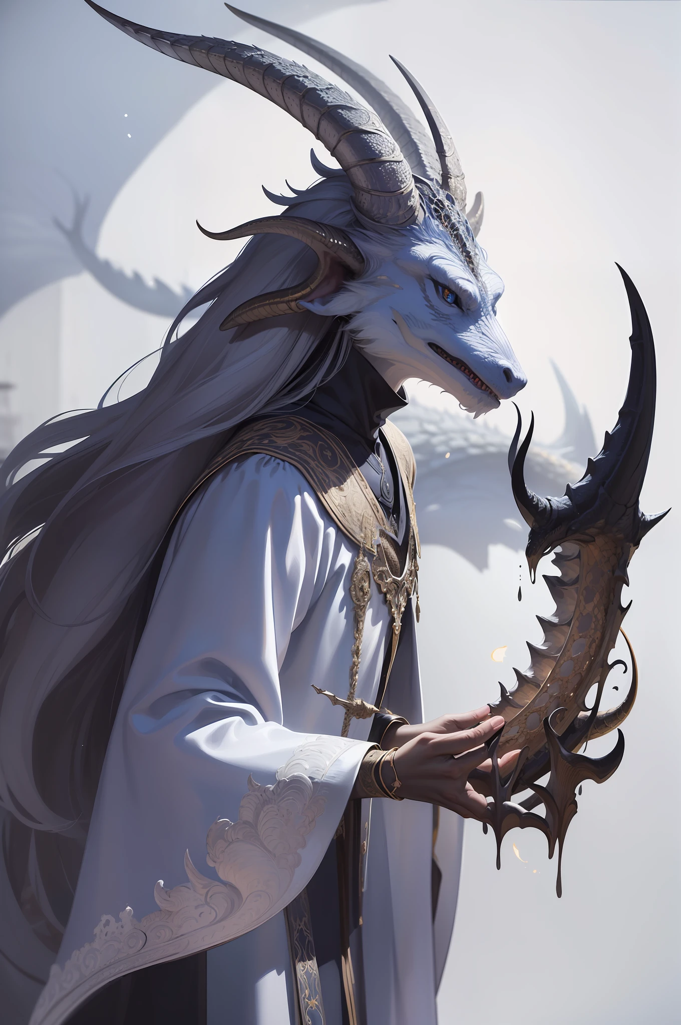 (realistic: 1.3), intricate details, painting\(artwork\), ((masterpiece,best quality)), ((cinematic light)), one dragon, dragon head, not human, hyper realistic, silver scale, white scale , blue eyes, silver horn, white horn , dark fantasy\(style\), wizard robes, magic particles,serious