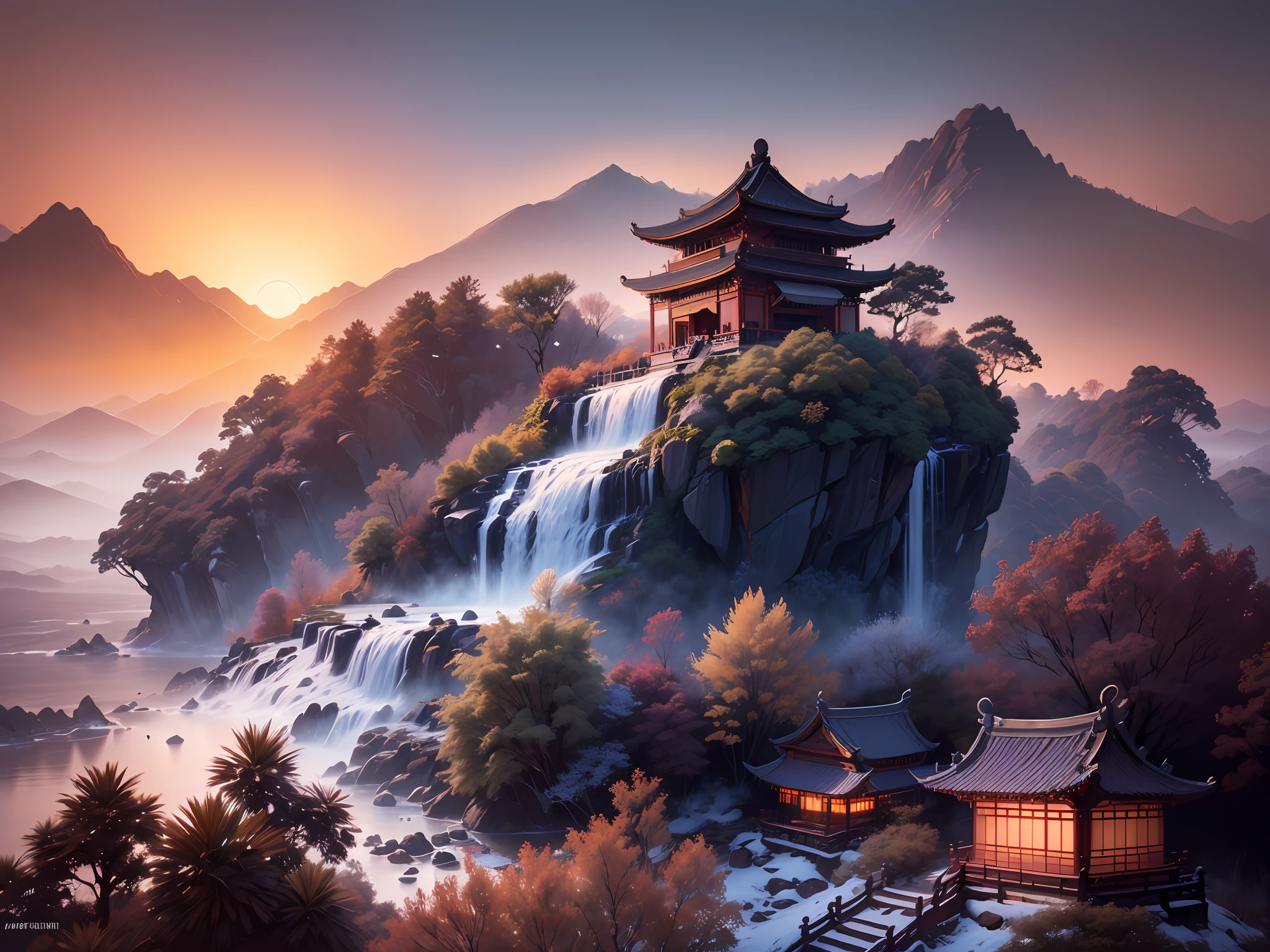 ( ( Top view, high angle view, Focal point composition) ) , Sunset Gradient, moonlit night, halo, beautiful play of shadow, light effects, (Autumn),(many raditional Chinese architecture on a floating island), there are many scattered buildings, waterfall, clouds, group of buildings, sky lanterns, high mountains, soft color, refreshing, beautiful, Chinese landscape painting, cinematic lighting, cinematic lighting, high detail, (close-up), (chiaroscuro),fine facial details,cinematic lighting, (depth of field), extreme details, realistic light, epic composition, (complex details), (super details: 1.2), Art Station, (Masterpiece, Best Quality, Ultra HD, 32k,--v6