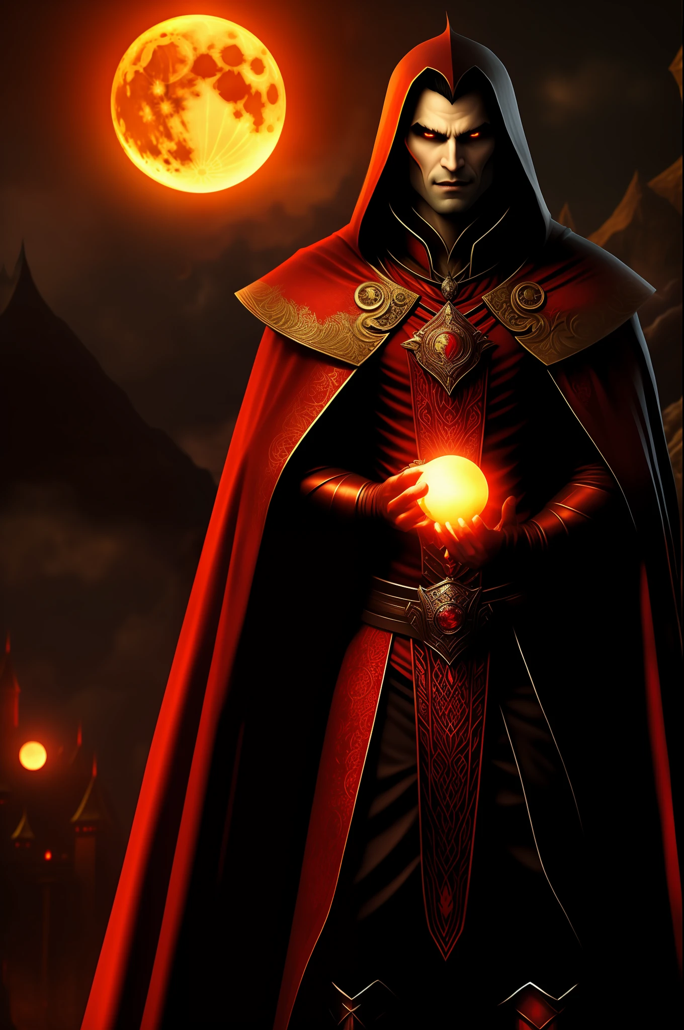High definition, handsome vampire showing a little fangs, holding a glowing orb in his hand, with a blood moon in the background, medieval style, dark game style.