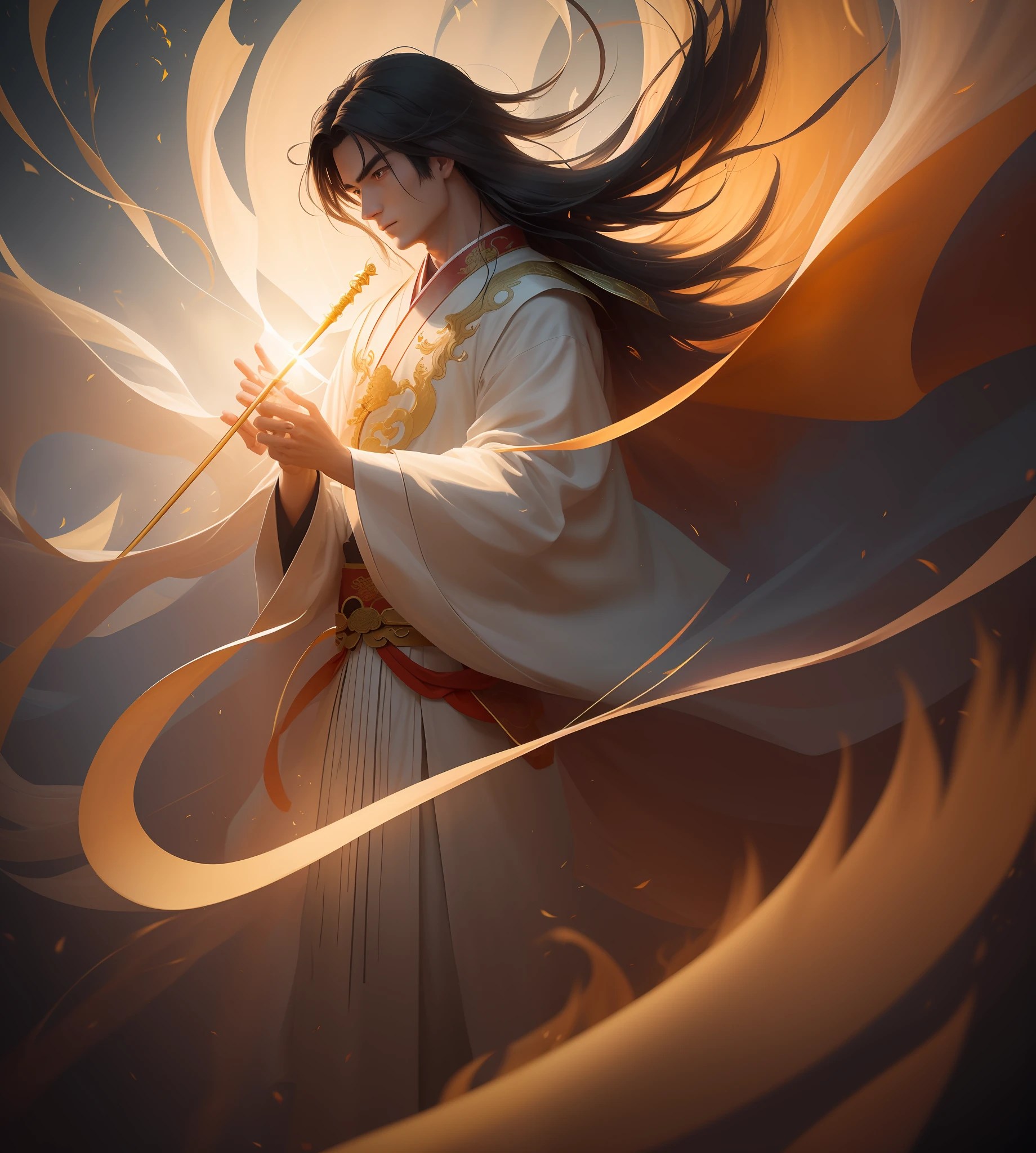 A boy in a long robe, with long streamers floating around, vertical painting style, long hair flowing, diffused energy, flowing light effects, fluffy, holding a sword in his hand, a huge Chinese dragon, depth of field effect, Chinese fairy Style, rich details, cinematic lens, stereoscopic shadows, global illumination, epic picture, extreme details, 8k, myths and legends, masterpieces,