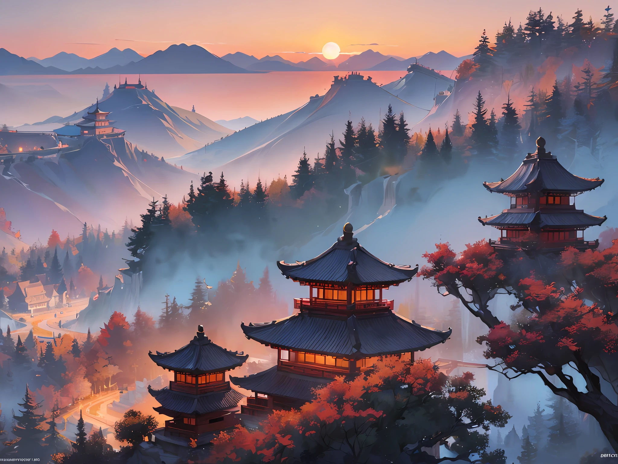 ( ( Top view, high angle view, Focal point composition) ) , Sunset Gradient, moonlit night, halo, beautiful play of shadow, light effects, (Autumn),(many raditional Chinese architecture on a floating island), there are many scattered buildings, waterfall, clouds, group of buildings, sky lanterns, high mountains, soft color, refreshing, beautiful, Chinese landscape painting, cinematic lighting, cinematic lighting, high detail, (close-up), (chiaroscuro),fine facial details,cinematic lighting, (depth of field), extreme details, realistic light, epic composition, (complex details), (super details: 1.2), Art Station, (Masterpiece, Best Quality, Ultra HD, 32k,--v6