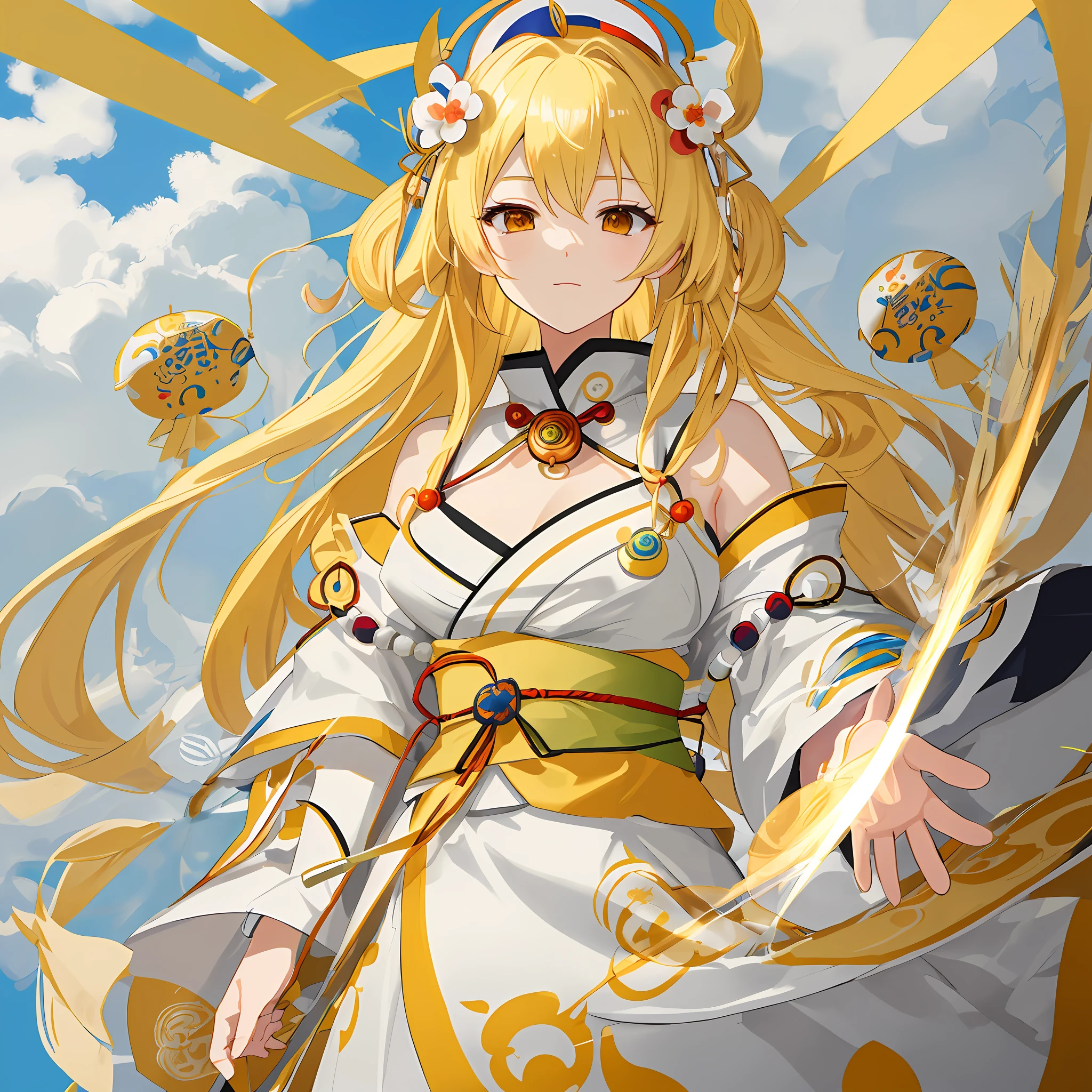 Masterpiece, ultra-detailed, highest quality, Amaterasu Omikami, electronic style, yellow hair, in the clouds, close eyes overlooking all beings
