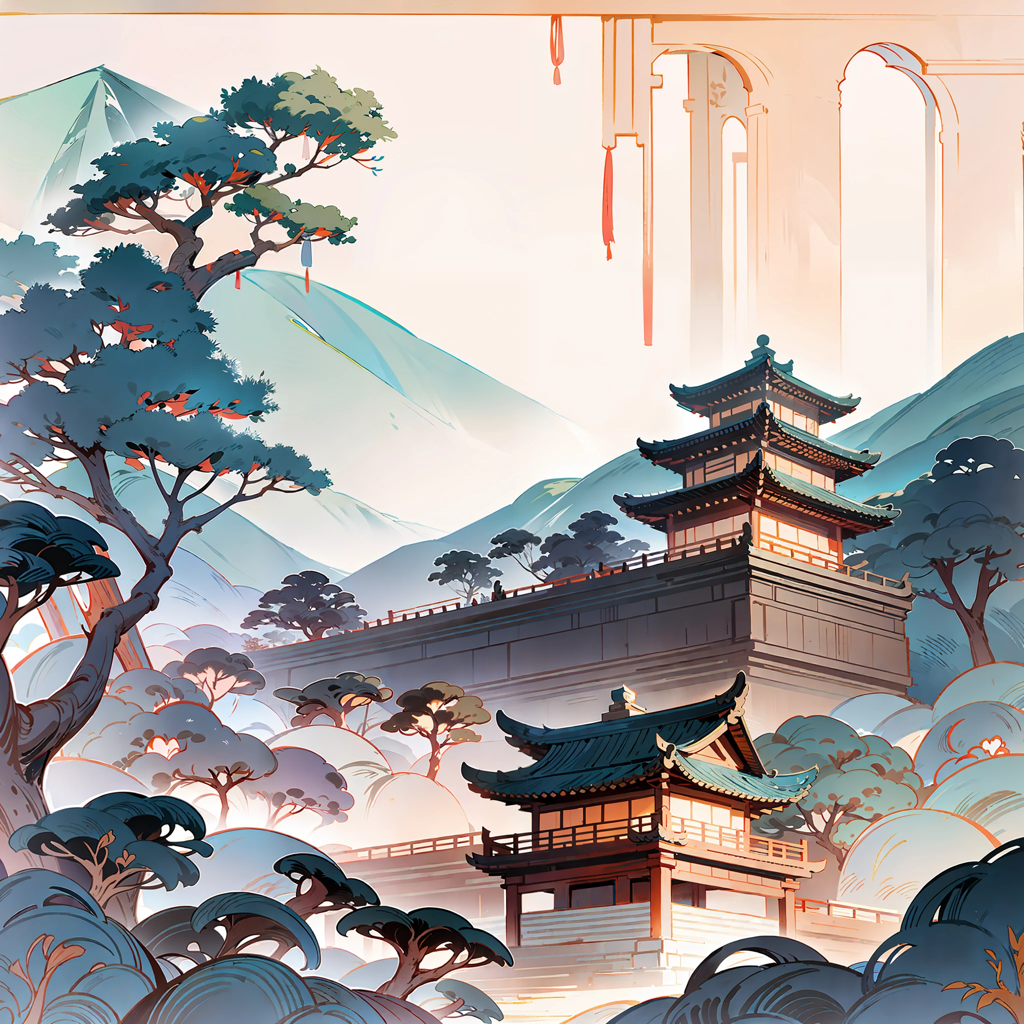 Ancient Chinese architecture, pavilions, carved beams and painted columns, beautiful mountains and rivers, ink painting style, clean color, blank space, freehand, masterpiece, super detailed, epic composition, high quality, highest quality, 4k --v 6