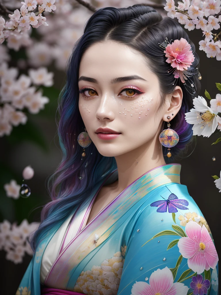 shukezouma, octane render, hdr, (hyperdetailed:1. 15), (soft light, sharp:1. 2), 1girl, beautiful girl, ultra detailed eyes, mature, plump, thick, Opal drops, paint teardrops, woman made up from paint, entirely paint, splat, splash, long colored hair, kimono made from paint, ultra detailed texture kimono, Opalescent paint kimono, paint bulb, Water drops, (hair ornaments, earrings, flowers hair ornaments, Dragonfly hair ornaments), outdoors, sakura trees, Vivid colors, 16k, UHD, HDR10, (Masterpiece:1. 5), Absurdres, (best quality:1. 5)