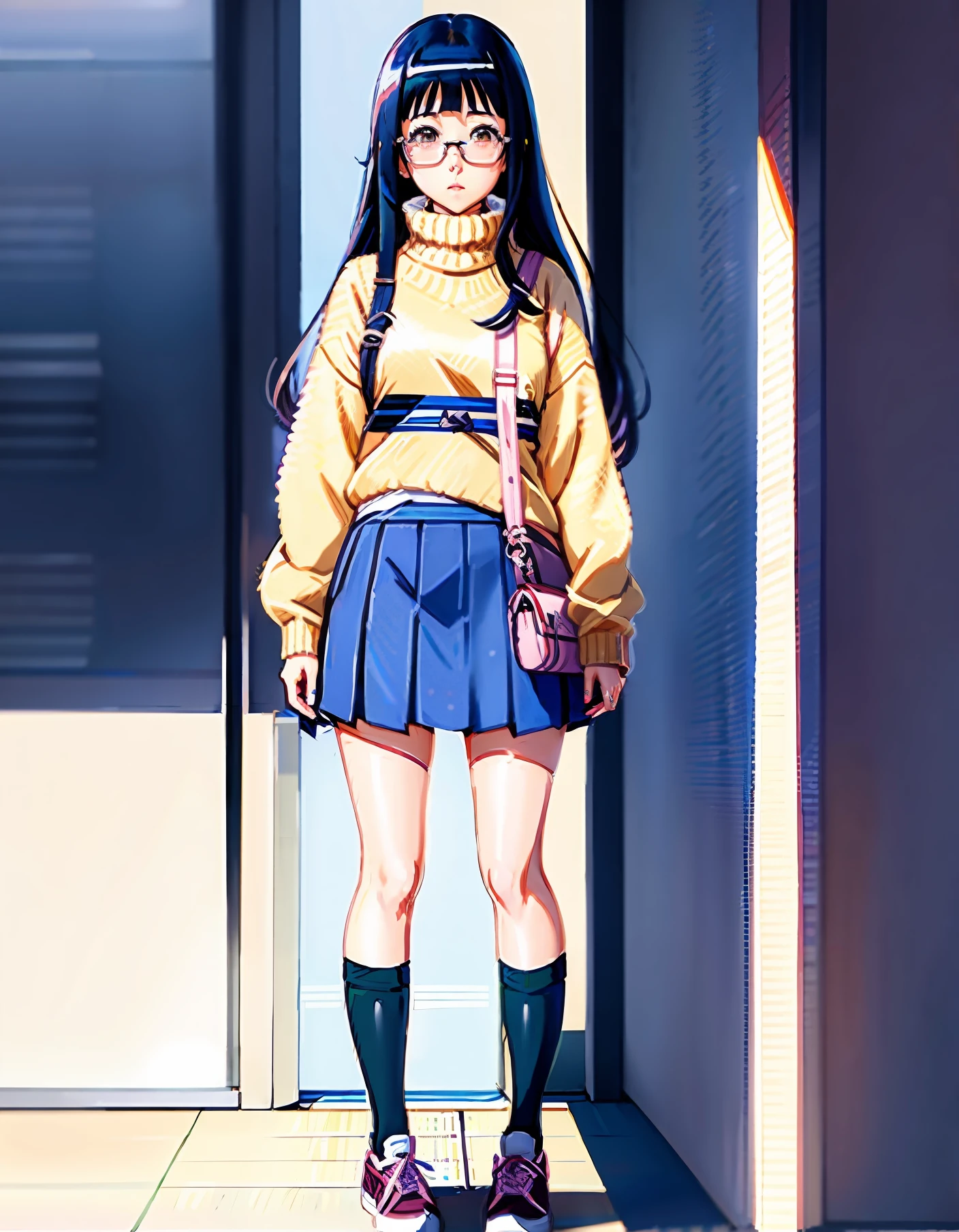a cartoon drawing of a girl in a skirt and sweater, an anime drawing inspired by Jin Homura, pixiv, shin hanga, hinata hyuga, single character full body, as an anime character, anime full body illustration, anime style character, full body single character, hinata hyuga from naruto, female anime character, female protagonist 👀 :8