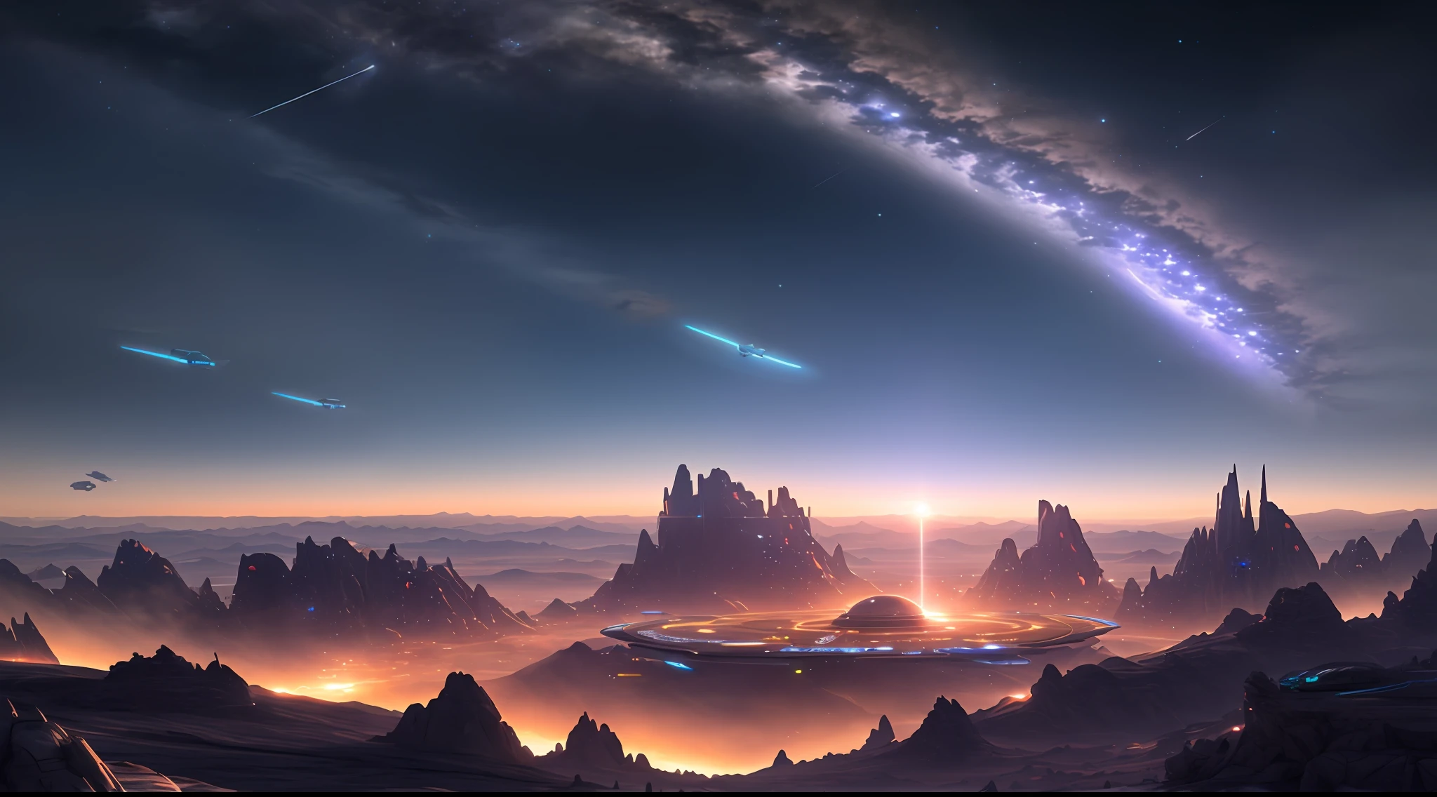 spaceship flying over a mountain with a distant landscape in the background, alien breathtaking landscape, beautiful alien landscape, stunning alien landscape, sci-fi fantasy wallpaper, impressive fantasy landscape, amazing alien landscape, sci-fi fantasy desktop wallpaper, epic dreamlike fantasy landscape, epic beautiful space scifi, alien planet in the sky faraway, an alien landscape view, galactic landscape