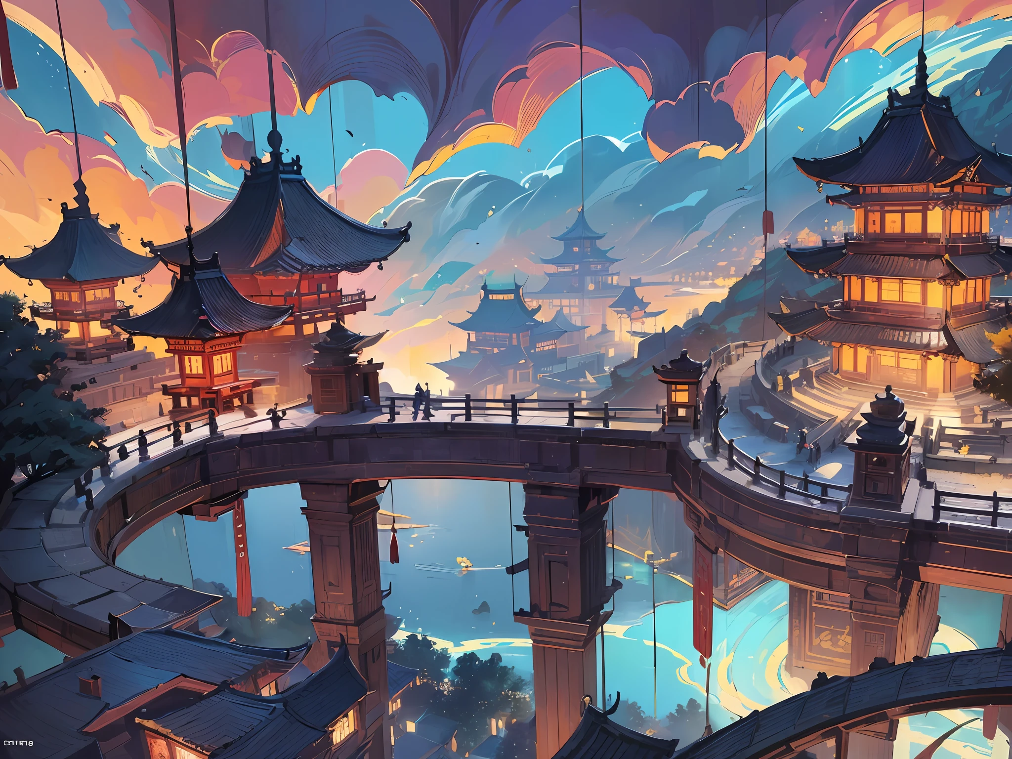 ( ( Top view, high angle view, Focal point composition) ) , Sunset Gradient, moonlit night, halo, beautiful play of shadow, light effects, (Autumn),(many raditional Chinese architecture on a floating island), there are many scattered buildings, waterfall, clouds, group of buildings, sky lanterns, high mountains, soft color, refreshing, beautiful, Chinese landscape painting, cinematic lighting, cinematic lighting, high detail, (close-up), (chiaroscuro),fine facial details,cinematic lighting, (depth of field), extreme details, realistic light, epic composition, (complex details), (super details: 1.2), Art Station, (Masterpiece, Best Quality, Ultra HD, 32k,--v6