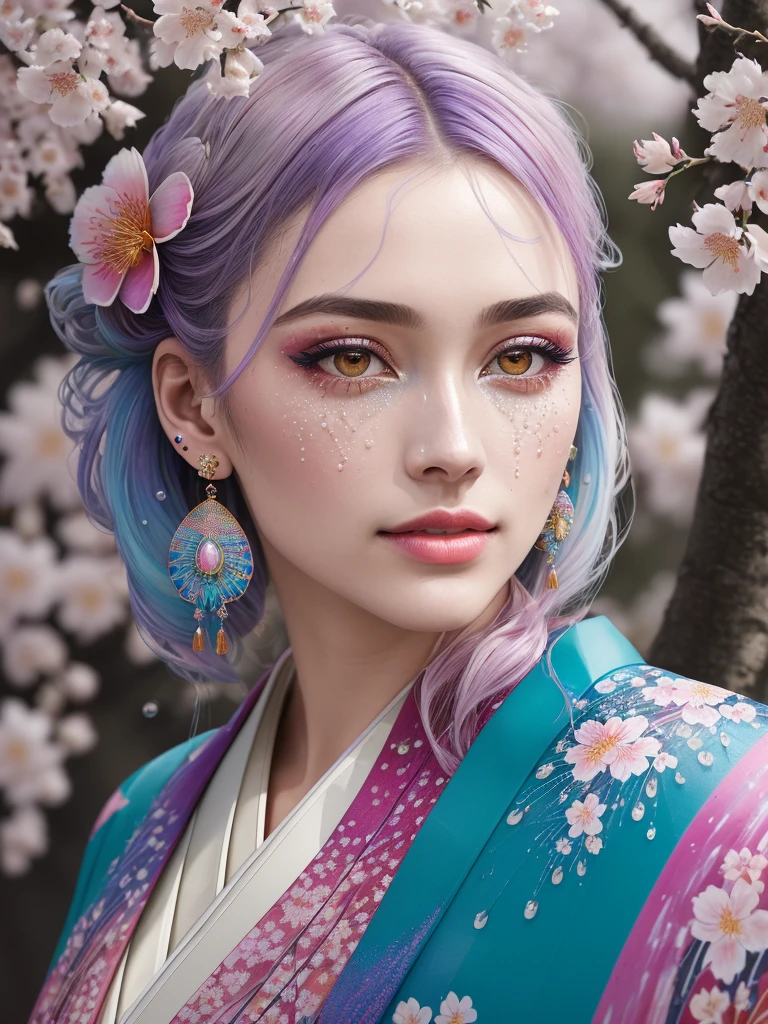 shukezouma, octane render, hdr, (hyperdetailed:1. 15), (soft light, sharp:1. 2), 1girl, beautiful girl, ultra detailed eyes, mature, plump, thick, Opal drops, paint teardrops, woman made up from paint, entirely paint, splat, splash, long colored hair, kimono made from paint, ultra detailed texture kimono, Opalescent paint kimono, paint bulb, Water drops, (hair ornaments, earrings, flowers hair ornaments, Dragonfly hair ornaments), outdoors, sakura trees, Vivid colors, 16k, UHD, HDR10, (Masterpiece:1. 5), Absurdres, (best quality:1. 5)