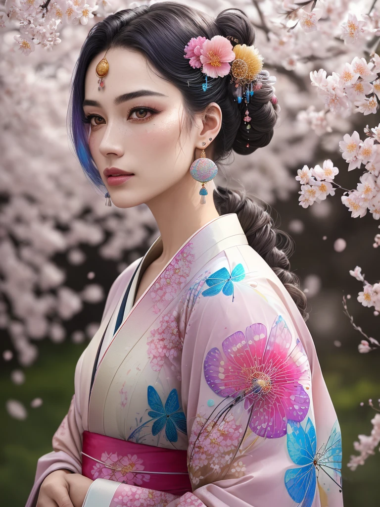 shukezouma, octane render, hdr, (hyperdetailed:1. 15), (soft light, sharp:1. 2), 1girl, beautiful girl, ultra detailed eyes, mature, plump, thick, Opal drops, paint teardrops, woman made up from paint, entirely paint, splat, splash, long colored hair, kimono made from paint, ultra detailed texture kimono, Opalescent paint kimono, paint bulb, Water drops, (hair ornaments, earrings, flowers hair ornaments, Dragonfly hair ornaments), outdoors, sakura trees, Vivid colors, 16k, UHD, HDR10, (Masterpiece:1. 5), Absurdres, (best quality:1. 5)