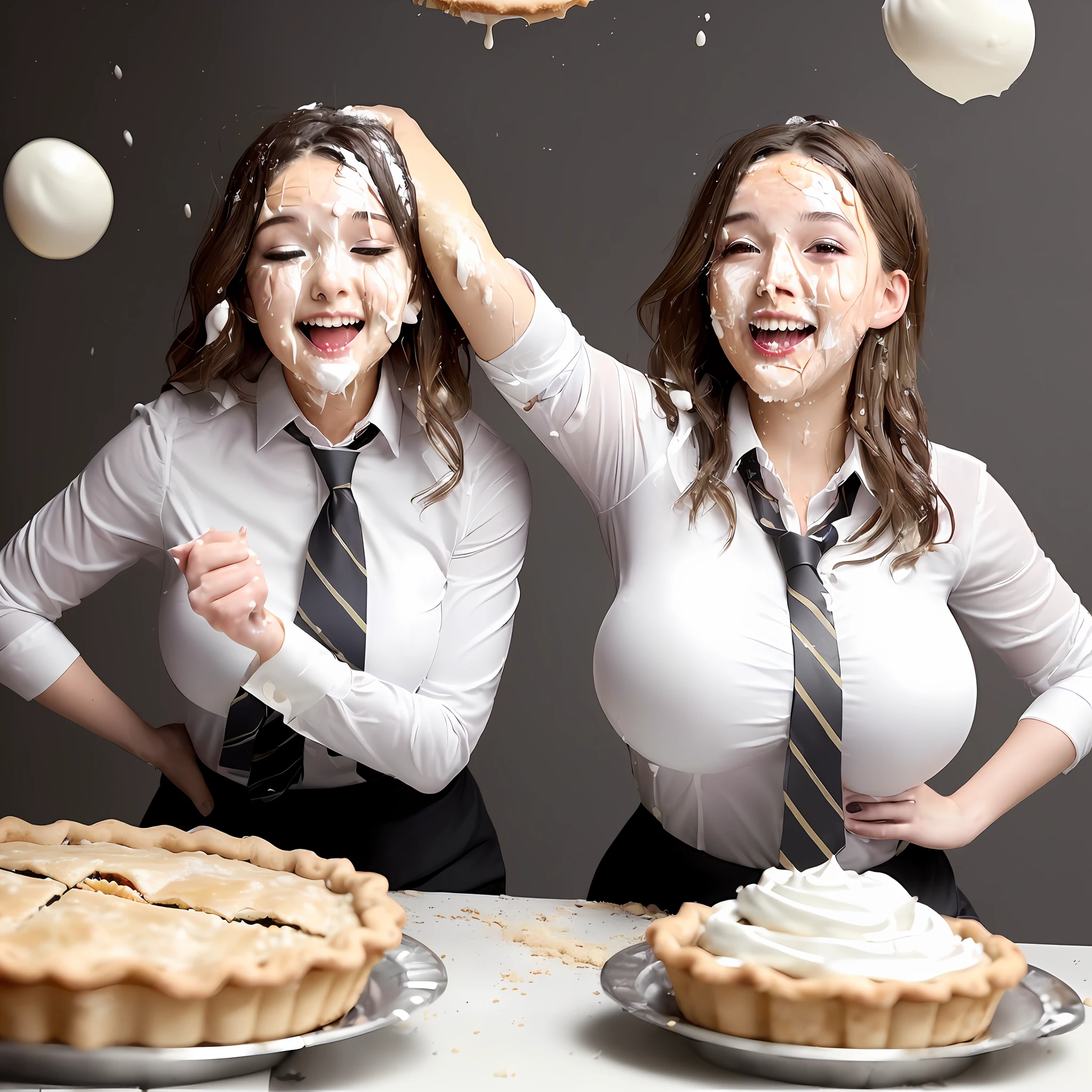 (messy), (1woman), (office attire), (target of a pie-throwing contest). Watch her get hit with an abundance of whipped cream pies in her face. It's a (messy game) and (wet and messy) experience that will leave you in stitches. (Pie throw) and (pie fight), with (flying cream) and (pies thrown galore)