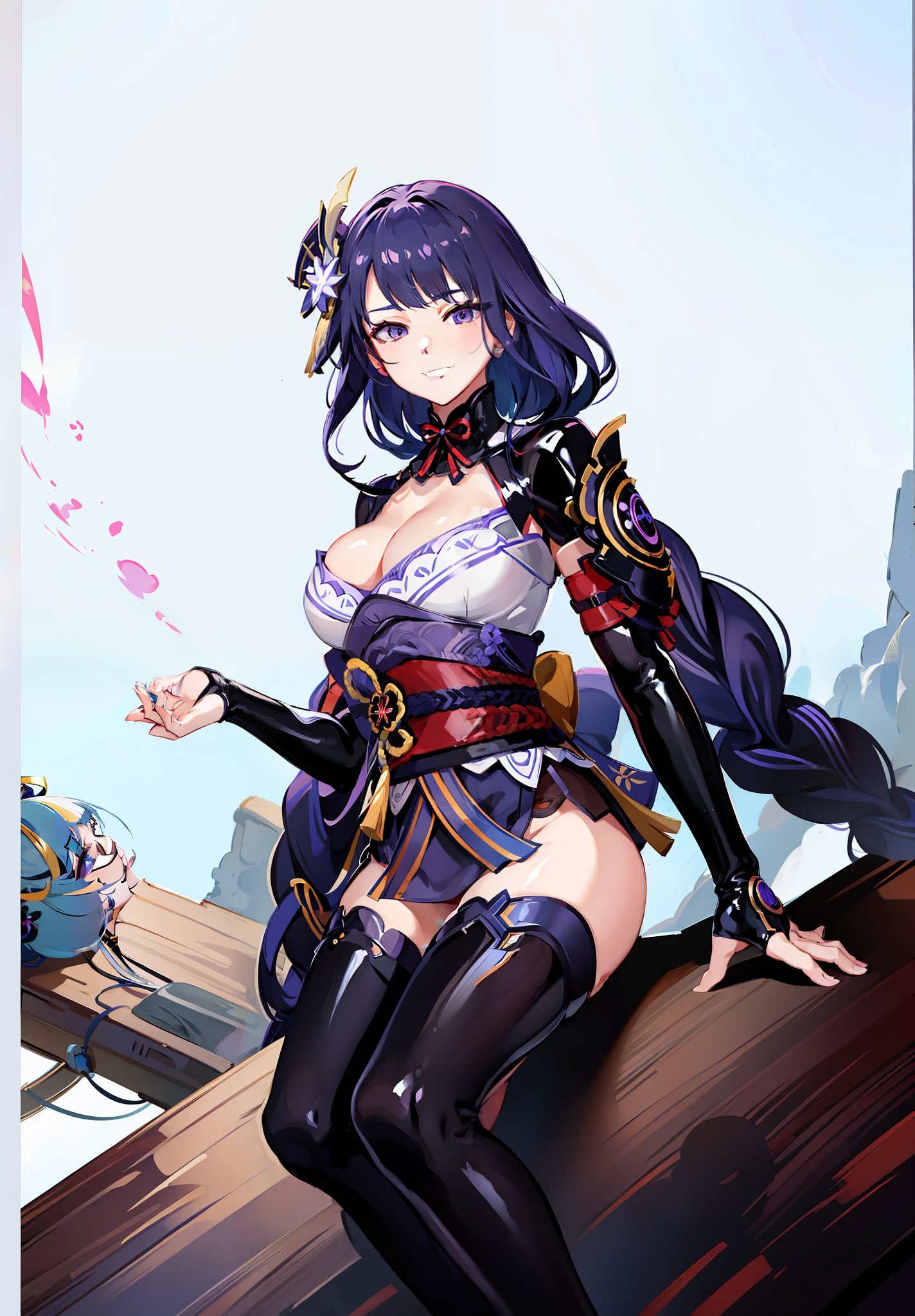 Girl, Raiden Shogun, Korean woman, shoulder exposure, shoulder smooth texture latex, coveted smile, anime feel, evil devil, {black painting}, {teasing smile}, {teasing smile}, high quality, clear picture,