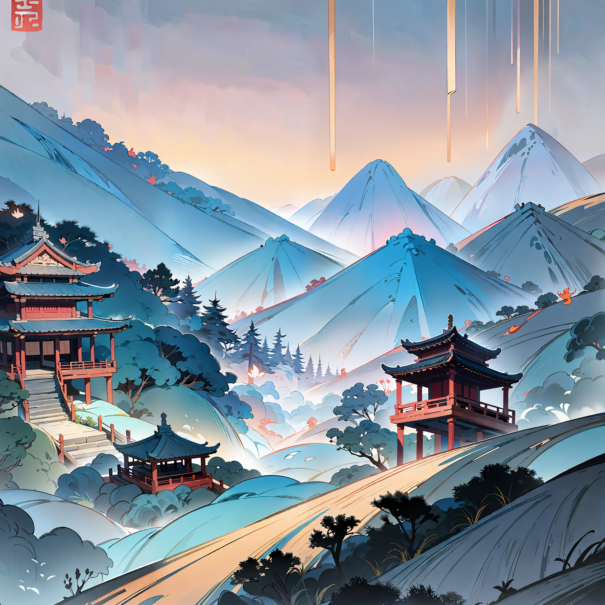 Ancient Chinese landscape, ancient Chinese architecture, pavilions, carved beams and painted columns, beautiful mountains and rivers, ink painting style, clean color, blank space, freehand, masterpiece, super detailed, epic composition, high quality, highest quality, 4K --v 6