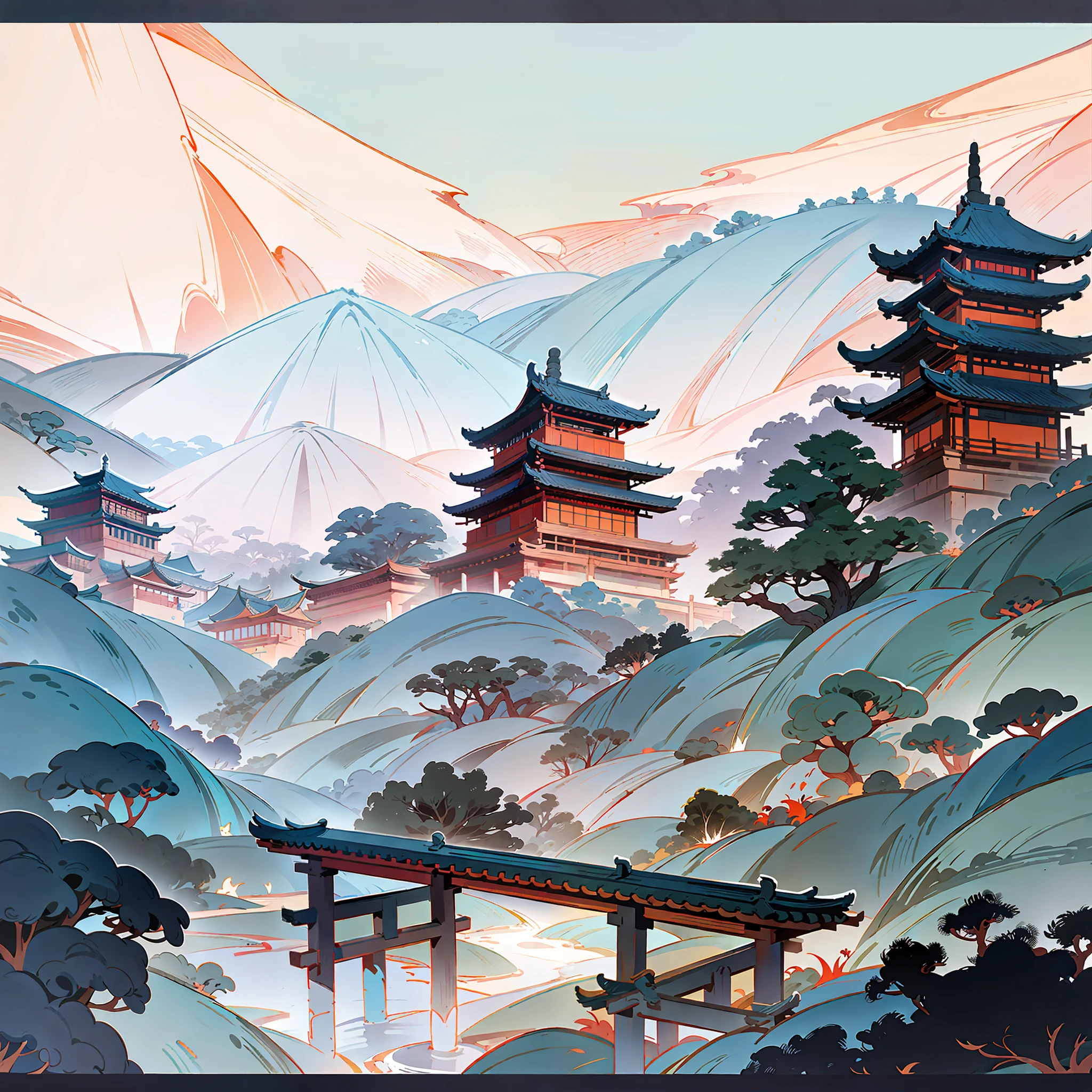 Ancient Chinese landscape, ancient Chinese architecture, pavilions, carved beams and painted columns, beautiful mountains and rivers, ink painting style, clean color, blank space, freehand, masterpiece, super detailed, epic composition, high quality, highest quality, 4K --v 6