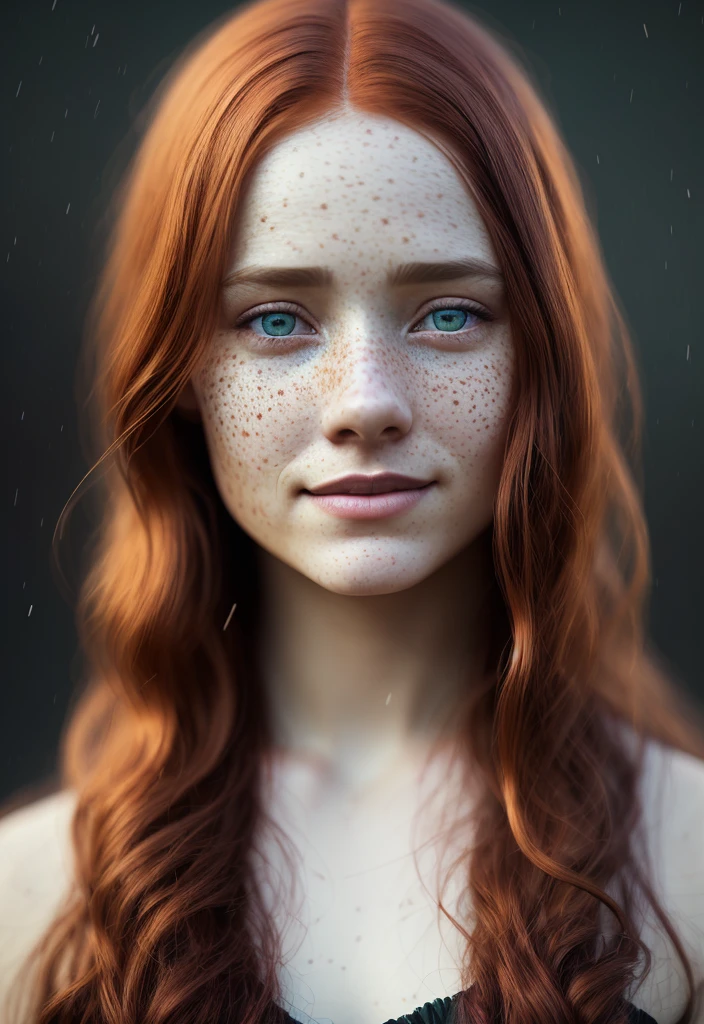 ultra hyper realistic award winning full body photo of a single European female, freckle face, full body, 28 yo, beautiful face, posing, smile, long red hair, cinematic, fine details, 8k, dark shot, soft volumetric lights, backlit, cinematic, intricate details, ArtStation cell shading, digital art, bloom, dark and gloomy full body 8k unity render, female teen,, Blue yonder hair, wearing traditional Scottish highland dress, porcelain cracked skin, skin pores, detailed intricate iris, very dark lighting, heavy shadows, detailed, detailed face, (vibrant, dramatic, dark, sharp focus, 8k) walking on highlands, heather, in heavy rain, wet clothes wet skin