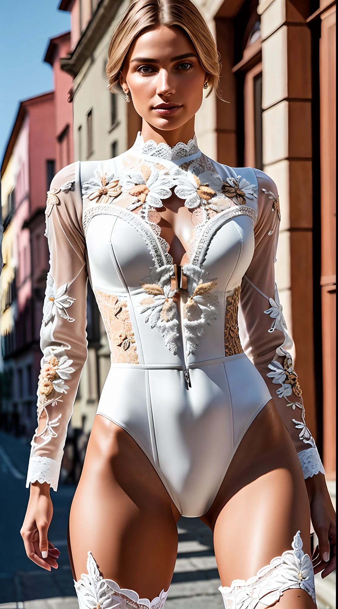 hyper-realistic super-detailed full-length body of a sexy 50-year-old woman with small breasts, cup size e, ((in a sexy lace bodysuit with floral embroidery), fashion show), (posing while walking along the street (beautiful, sunny, Italian street)), cleavage, many details of clothing, photo session, [:(detailed face:1.4):0.4], long light hair, real perfect female anatomy, beautiful abs, beautiful symmetrical face, beautiful natural make-up , anatomically correct hands, perfect facial anatomy, high-quality textures, ultra-photorealistic, sharp focus, contrasting light, accurate rays, grainy skin, intricate detailing, professional color correction, digital art, high detail, depth of field, HDR Realistic, Photorealistic, White color correction, Ultra-Realistic, Super Detailed, Intricate Details, Full Color, Volumetric Lighting, High Contrast, Golden Hour Award, Best Photo, fia Professional Photography, 4D Rendering, Octane Rendering, Featured on artstation, behance winner, erte 12k, super sharp focus, 64K, UHD, (highly detailed clothing: 0.8), ideal face looking at viewer, (skin detail: 1), natural light, (direct light: 0.2), 8 mm film grain, photographed with Sony a9 II, 24 lens mm, F/1.8 aperture, deep focus (RAW 10bit), extremely detailed CG Unity 8k wallpaper, (chest out: 1.5), (slimness: 1.5), (narrow waist: 1.6), (leg slimness:1.4), (detail street:1.4), (hyperrealism:1.2) (backlight:1) (sunlight:1) (embroidery:1.2) (leather:1.2) (lace:1.5) (mesh:1) (full length:1.8 ), Ultra Quality, Unreal Engine 5, HQ