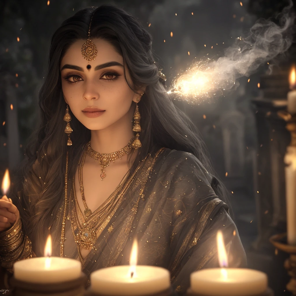 poojaheegde-1500, geo2099 style, dramatic close-up scene of a sorceress, very beautiful and elegant, very vain, with long gray hair, a somber look, and a slight smile, freckless, doing magic with candles inside a cemetery, intriguing image, with effects and lighting, sharp focus, emitting diodes, smoke, artillery, sparks,