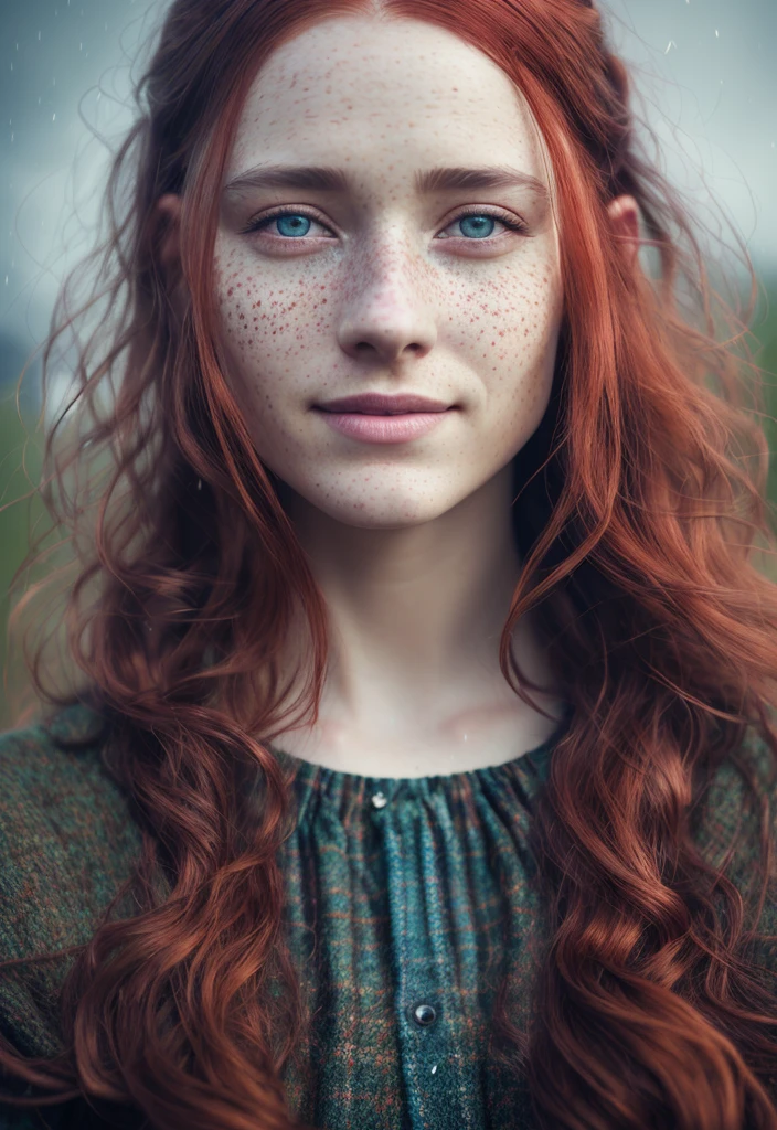 ultra hyper realistic award winning full body photo of a single European female, freckle face, full body, 32 yo, beautiful face, posing, smile, long red hair, cinematic, fine details, 8k, dark shot, soft volumetric lights, backlit, cinematic, intricate details, ArtStation cell shading, digital art, bloom, dark and gloomy full body 8k unity render, female teen,, Blue yonder hair, wearing traditional Scottish highland dress, porcelain cracked skin, skin pores, detailed intricate iris, very dark lighting, heavy shadows, detailed, detailed face, (vibrant, dramatic, dark, sharp focus, 8k) walking on highlands, heather, in heavy rain, wet clothes wet skin