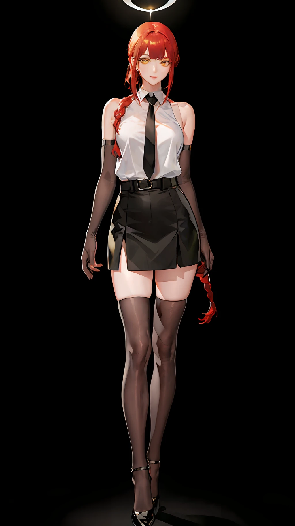 masterpiece, (photorealistic:1.4), best quality, beautiful lighting,KPop idol, black elbow gloves, black gloves, black necktie,black skirt,black pantyhose,white sleeveless white blouse,solo,bare shoulder,outdoor,full body
(ulzzang-6500:0.5), makima \(chainsaw man\), (red hair)+(long braided hair)+(bangs), yellow eyes, golden eyes, ((ringed eyes)),medium breast, detailed face,smile,
RAW photo, 8k uhd, film grain,blurry background,