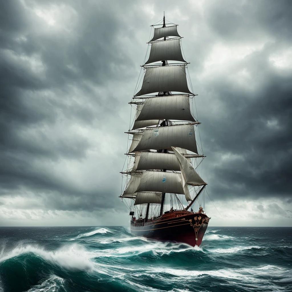 A lone ship sailing through a stormy sea towards an unknown destination. Extremely detailed, 4k