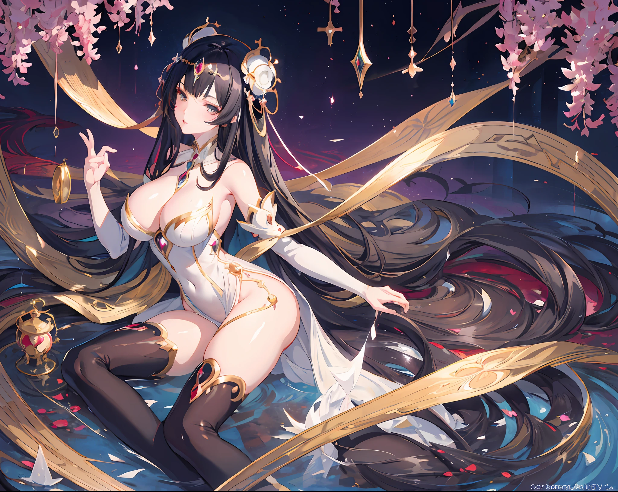 Anime girl with long black hair, beautiful charming anime woman, ((beautiful fantasy empress)), enchanting anime girl, beautiful fantasy empress, highly detailed artgerm, anime goddess, royal elegant Pose, 8k high high quality detailed art, anime girl in white dress, beautiful anime woman, detailed digital anime art big breasts exposed belly pour white liquid