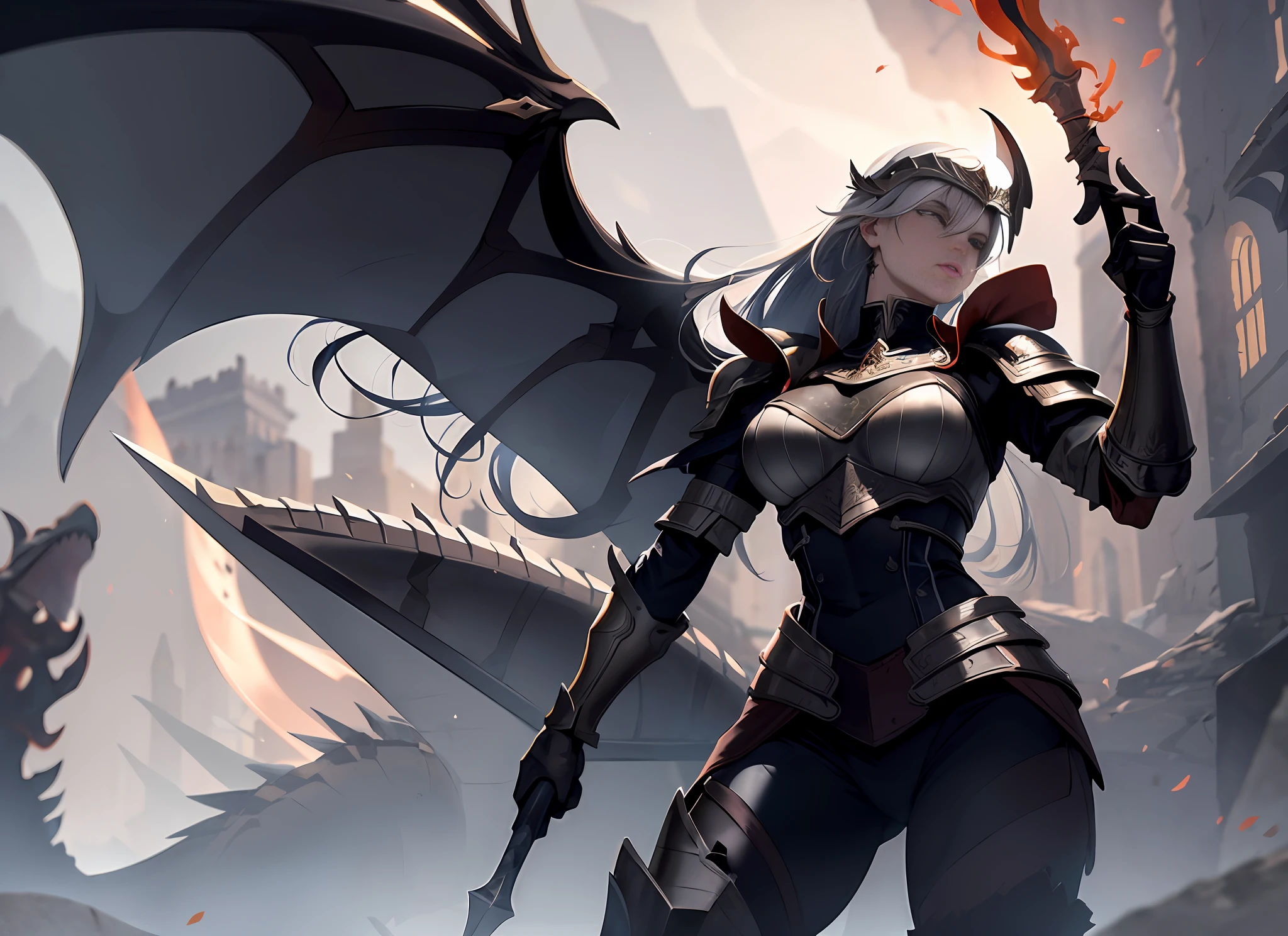 ((Best Quality)), ((Masterpiece)), ((Realistic)), ((Valkyrie)), Standing boldly before a roaring dragon's head, amidst a smoke-shrouded courtyard of a medieval fortress, due to the dragon's destructive flames shortly before the collapse stands. Debris and ash dance in the air as stray rays of moonlight find their way through the smoke into the courtyard, casting dramatic shadows. The Valkyrie, impressive in her detailed armour, her stance resolute, holds her sharp-forged spear ready to confront the dragon. Her helm reflects the flickering fire erupting from the dragon's head. Every piece of their armor and every element of their appearance speaks of their bravery and willingness to fight. The scorpion fish is a masterpiece in its own right, with bright, fierce eyes and sharp teeth protruding from its wide-open maw. Smoke and sparks rise from its nostrils, creating an ominous aura. Its mighty scales gleam in the dim moonlight, every detail testifying to its fearsome presence. The entire scene is lit by the flickering flames that eat away at the stonework of the once-proud fortress. One can clearly see the rough masonry, the cracks in the stones and the dust rising from the collapsing walls. Eye to eye, quaint, masterpiece