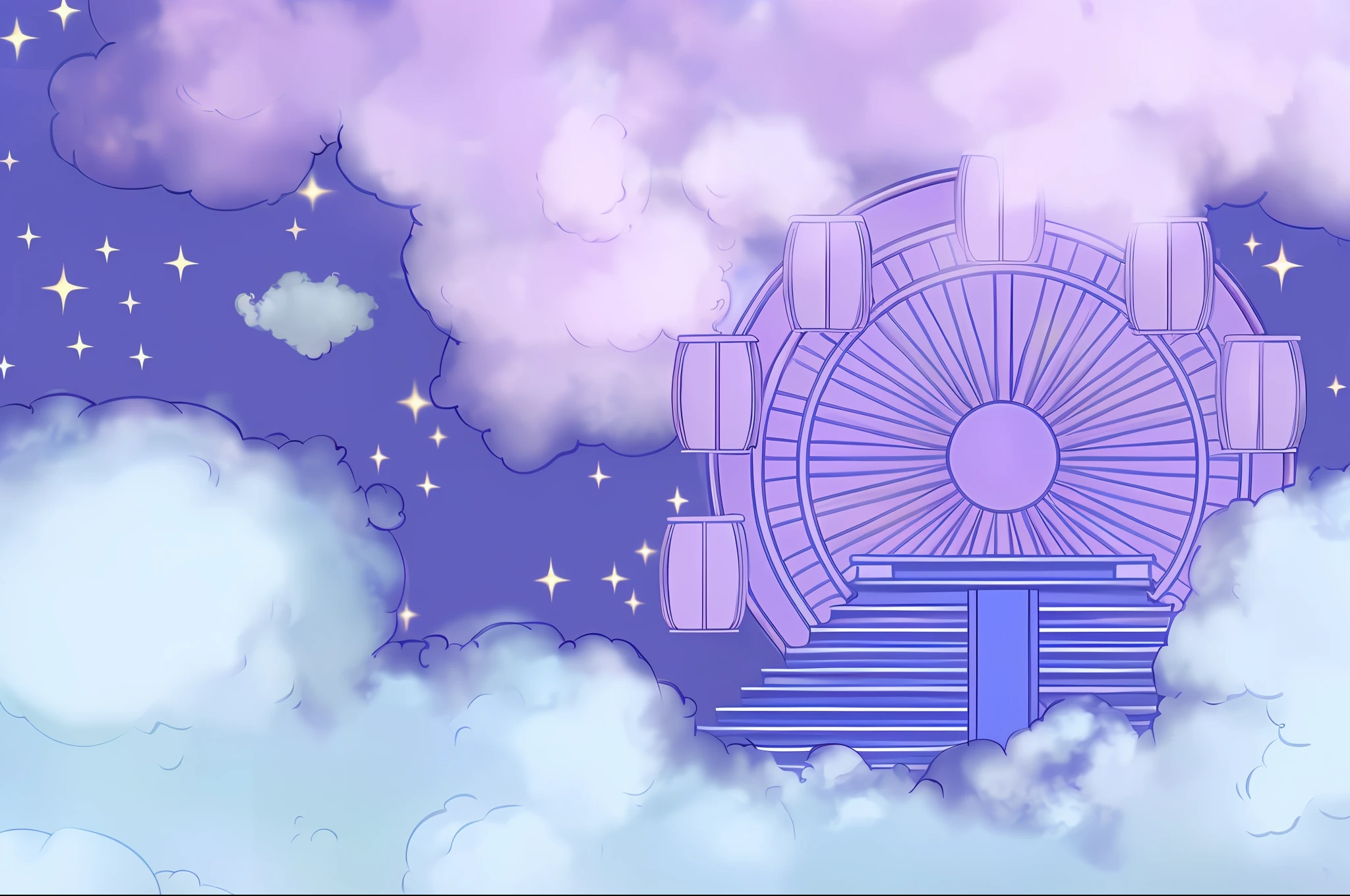 there is a picture of a ferris wheel in the sky, magic portal in the sky, cloud palace, fairy tale style background, infinite space clock background, fantasy puffy sky, background art, background artwork, anime background art, heaven background, random background scene, flying cloud castle, miraculous cloudy backdrop, anime background, fluffy pink anime clouds, castle in the sky style