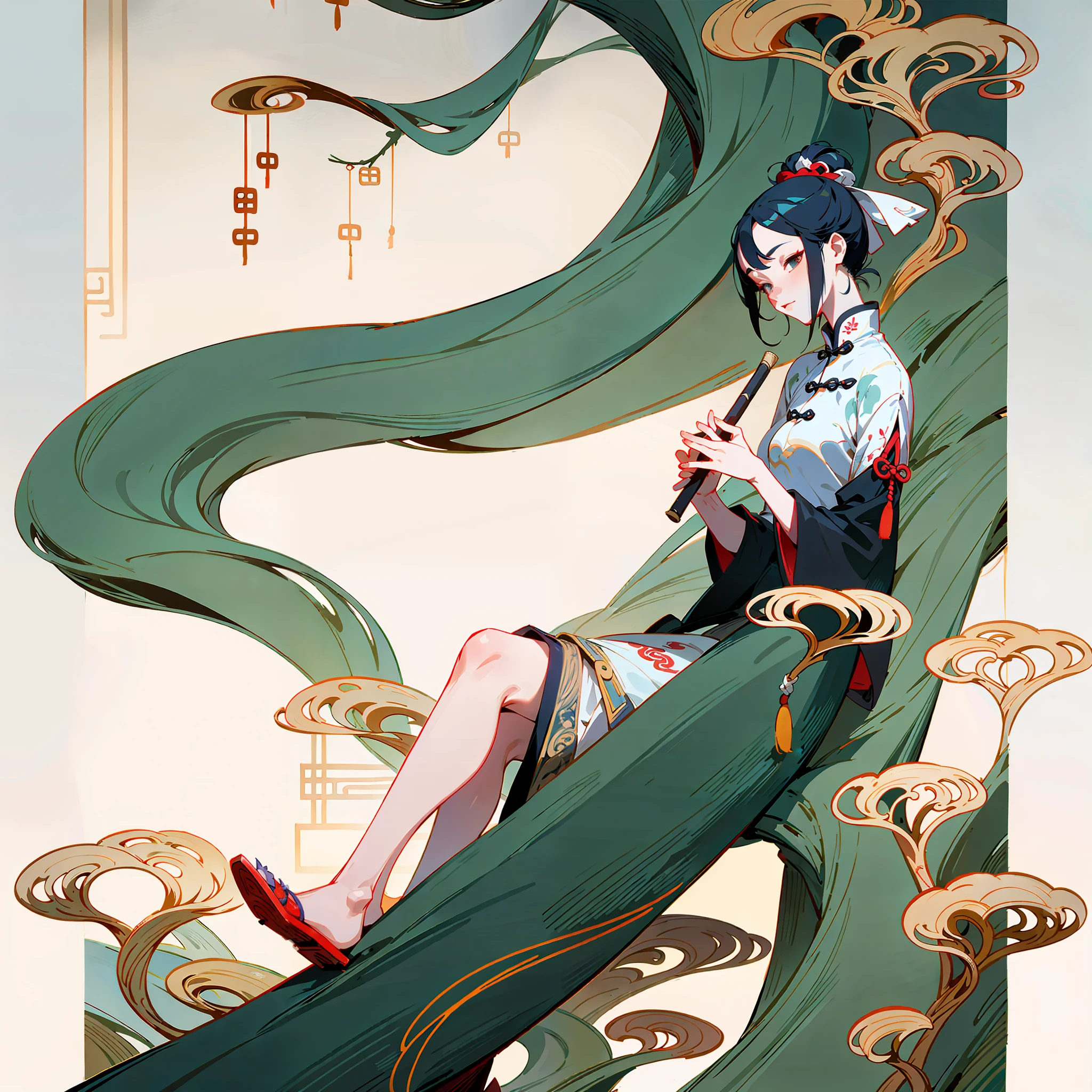 An ancient Chinese beauty leaning on the tree trunk, wearing ancient Chinese clothing, flowing tulle, light silk, lazy posture, willow, catkins, ink painting style, clean color, decisive tailoring, blank, freehand, masterpiece, super detailed, epic composition, high quality, the highest quality, 4k --v 6