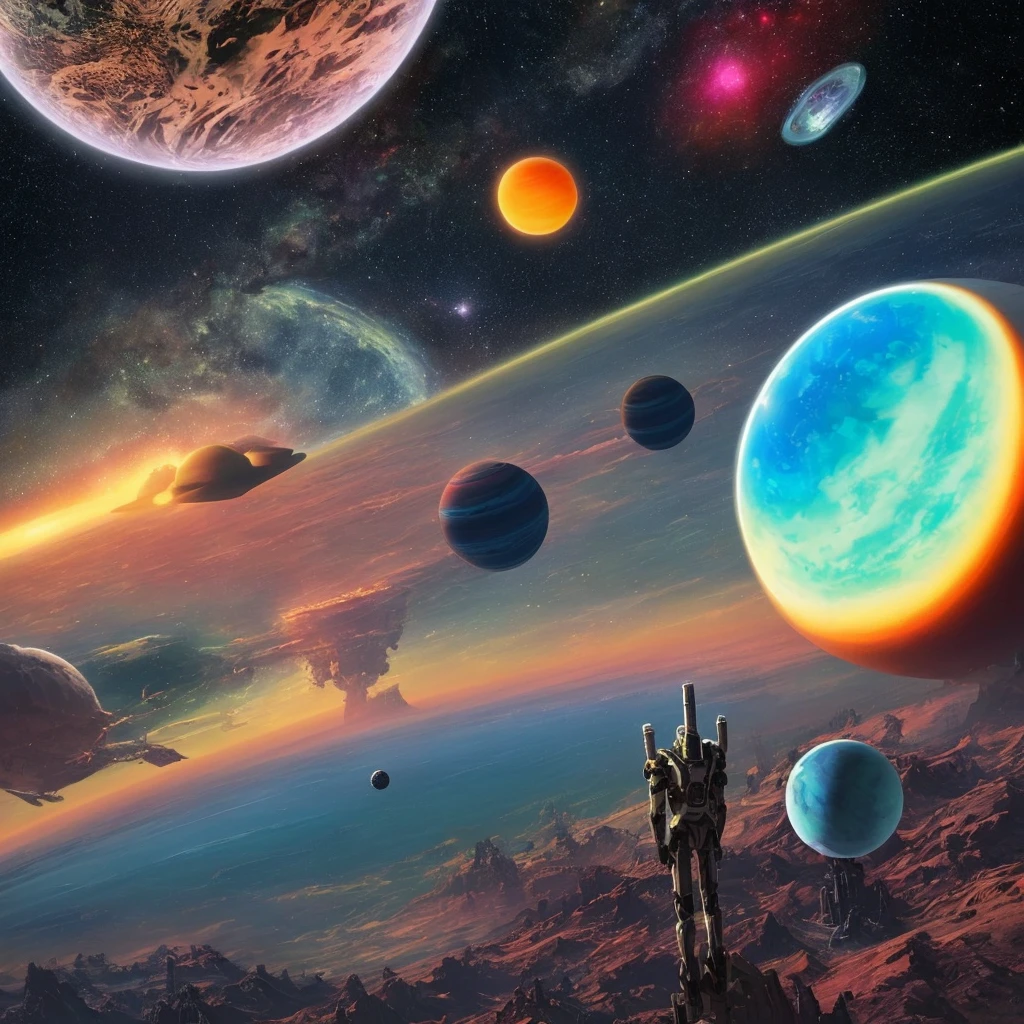 Scene from a science fiction world, featuring two large colorful planets in the background.