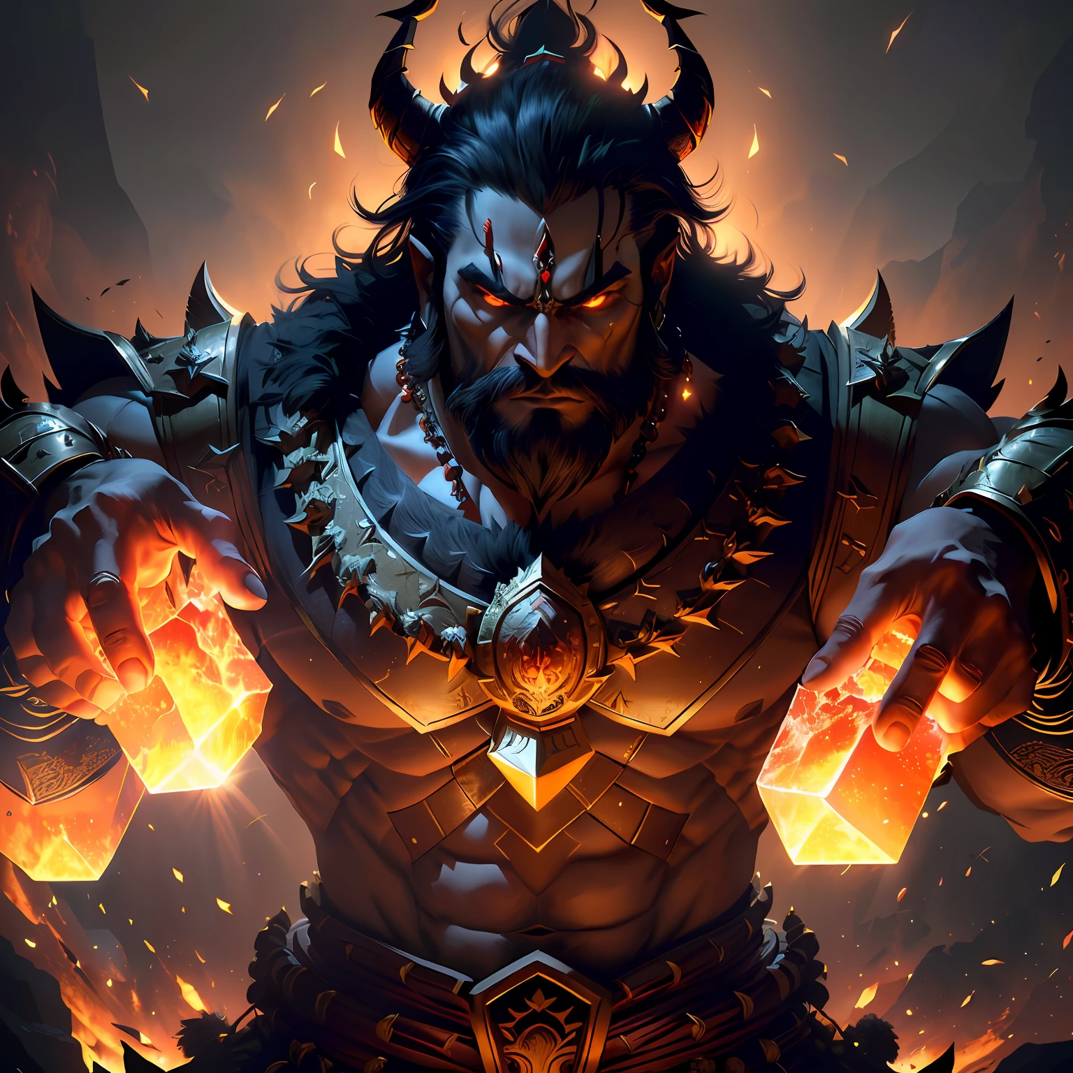 8k rendered digital illustration of the fierce-looking warrior Demon King Ravana with 10 faces swinging his twenty arms in air possessing extremely powerful devine and demonic weapons, wearing Indian king's red-green attire with gold jewellery and gold armour in a dark universe, a mild burning hellish environment giving the scene a dark atmosphere but sculpting the forms in sharp chiaroscuro), it is night time, (highly detailed skin), (detailed face), detailed background, dark lighting, twilight lighting, volumetric lighting, intricate details, UHD, extremely detailed masterpiece, intricate details, (Highest quality:1.3), cinematic shot, masterpiece, (sharp focus:1.5), (photorealistic:1.3), muscular body, hairy chest, body builder, (detailed face), detailed background, depth of field, (dark lighting:1.3), dramatic lighting, twilight lighting, volumetric shadows, highly detailed, intricate details, 8k, UHD, HDR, trending on Artstation, Award wining, epic art