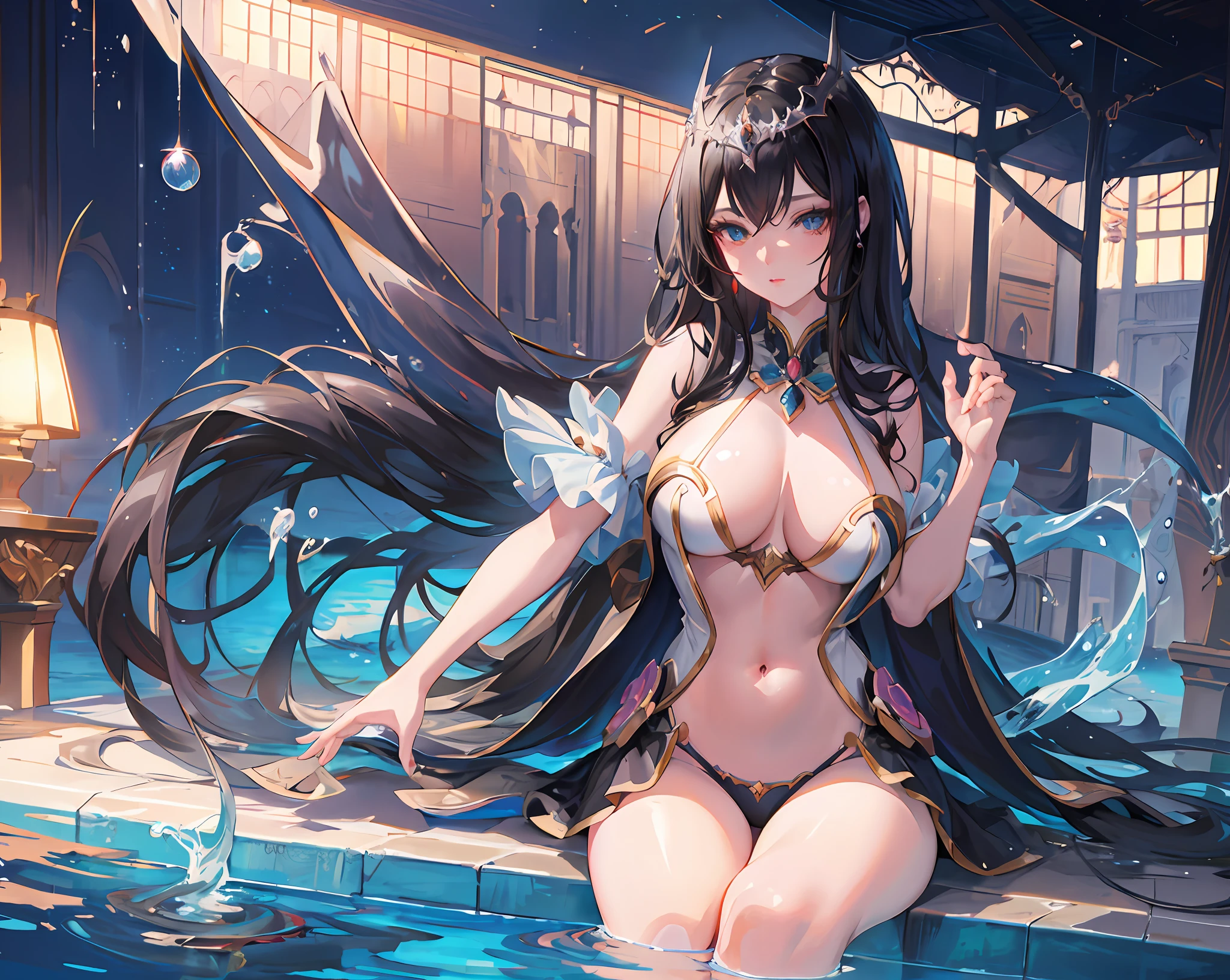 (high quality detailed art 8k, ((anime girl)),((beautiful fantasy queen))), high quality lighting, natural shadows, ((highly detailed art germ)), floating, royal elegant pose, ((long black hair)), ((long black hair)), dress, big breasts, exposed belly, white liquid, beautiful face, seductive eyes, detailed digital anime art, dynamic angle, strap, (pool side view), ripples, water surface.