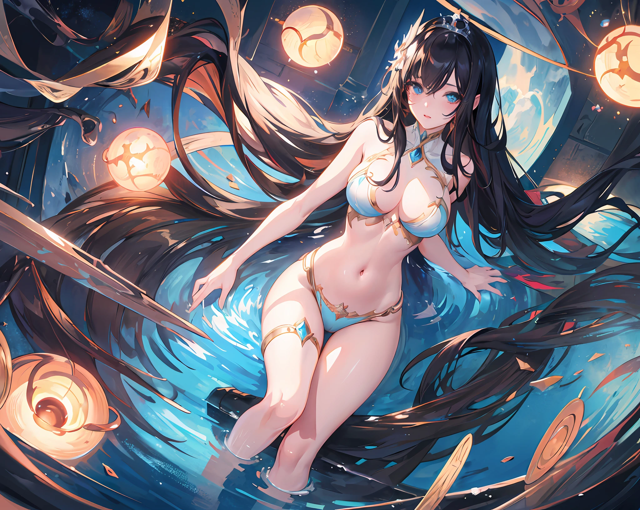 (high quality detailed art 8k, ((anime girl)),((beautiful fantasy queen))), high quality lighting, natural shadows, ((highly detailed art germ)), floating, royal elegant pose, ((long black hair)), ((long black hair)), dress, big breasts, exposed belly, white liquid, beautiful face, seductive eyes, detailed digital anime art, dynamic angle, strap, (pool side view), ripples, water surface.