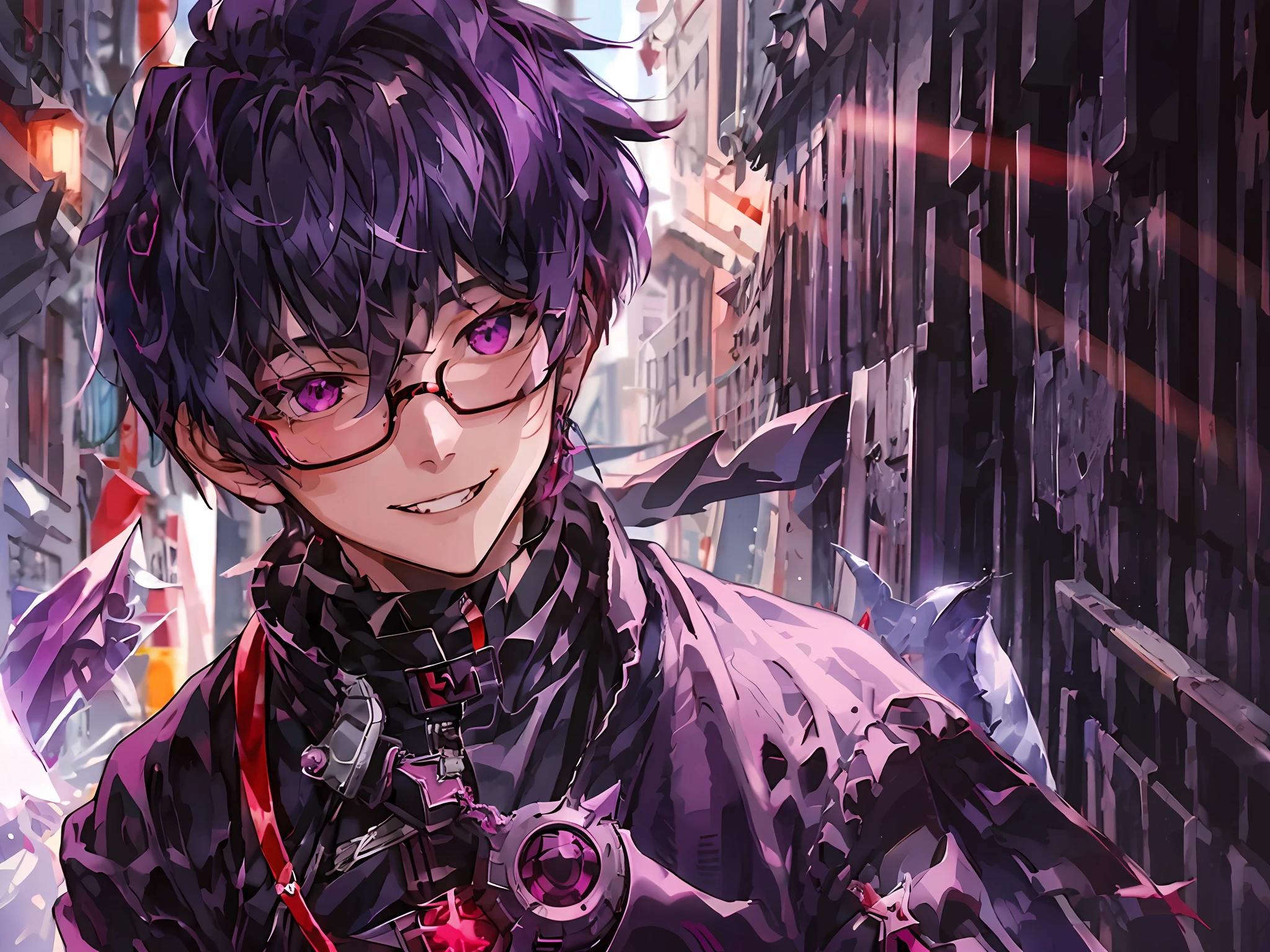 masterpiece, vampire boy,best quality, ultra-detailed, illustration, close-up, straight on, face focus, solo,, short hair, city, sunlight,(Soft glow:1.1),light smile,8k, best quality, ultra high res, vampire male, high quality,cyberpunk style, wearing round glasses, sci-fi, anime vampire boy, ((red purple Black mixed hair)), half red half purple eyes, wearing round glasses, silver cross necklace, black rings, fangs, smile, wearing a big cybercoatwith different lighting in it , long big cybernetic scythe, outsideon Japanese street, close up photo