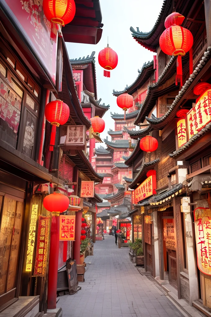 chinese building masterpiece, best quality, shop, real world, fantasy, Charming, modern, (no humans:1), Chinese-style modern stree, tbustling street, traditional architecture, lanterns, old-fashioned wooden signs, modern atmosphere.,