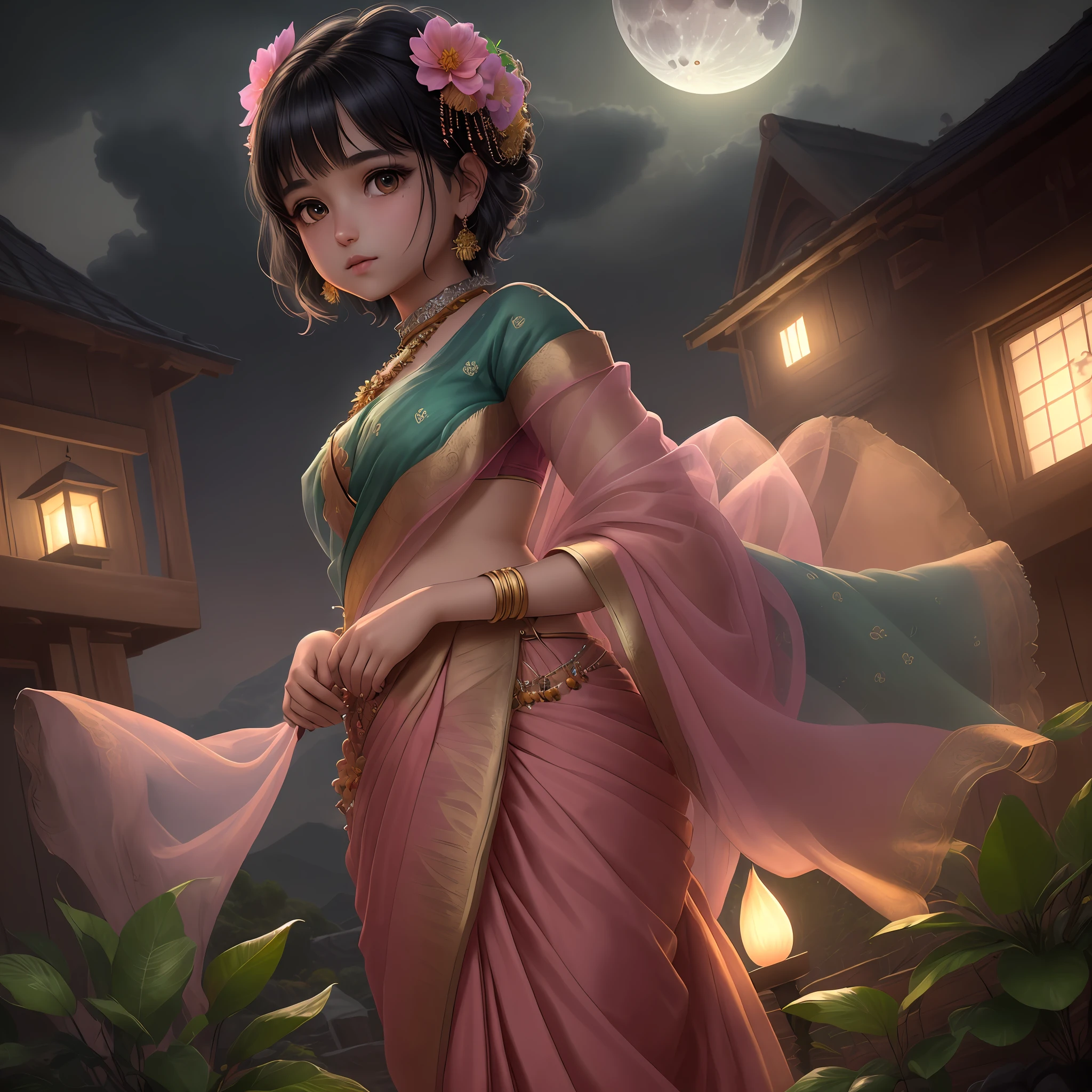 1girl, moon, Diya Oil Puja Lamp,night, solo, , hair ornament, saree, indian clothes, water, hair flower, flower, outdoors, sky, full moon, rain, black hair, mountain, cloud, holding, sash,standing, pink and green saree, night sky, no bangs, tree, from side, reflection, short hair, cloudy sky, {{(masterpiece),(extremely detailed CG unity 8k wallpaper),best quality,,solo,1girl,cinematic lighting,detailed background,beautiful detailed eyes,bright pupils, (an extremely delicate and beautiful),(Beautiful and detailed eye description), ultra-detailed,masterpiece,}},