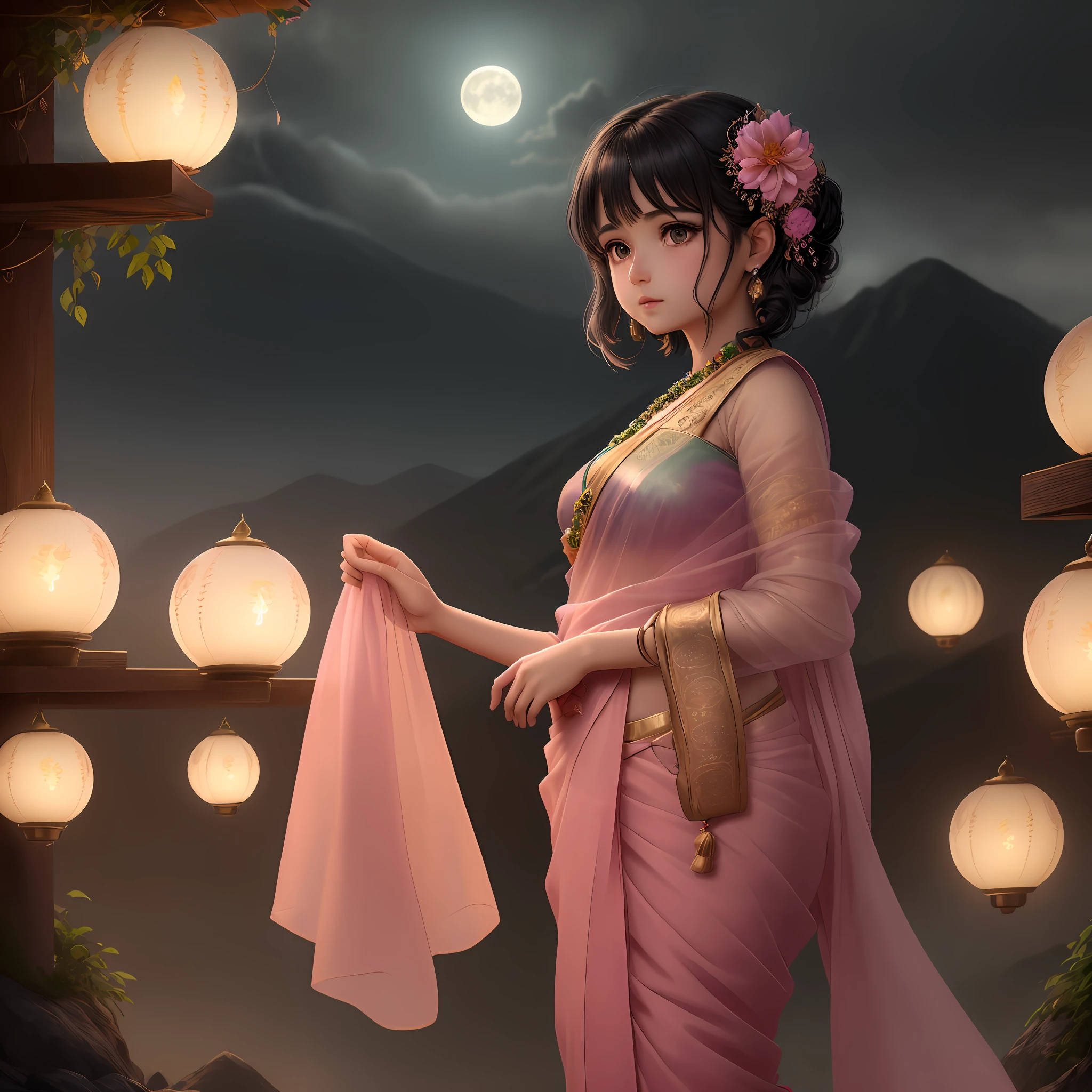 1girl, moon, Diya Oil Puja Lamp,night, solo, , hair ornament,  saree, indian clothes,  water, hair flower, flower, outdoors, sky, full moon, rain, black hair,  mountain, cloud, holding, sash,standing, pink and green saree, night sky, no bangs, tree, from side, reflection, short hair, cloudy sky,   {{(masterpiece),(extremely detailed CG unity 8k wallpaper),best quality,,solo,1girl,cinematic lighting,detailed background,beautiful detailed eyes,bright pupils, (an extremely delicate and beautiful),(Beautiful and detailed eye description)，  ultra-detailed,masterpiece,}},