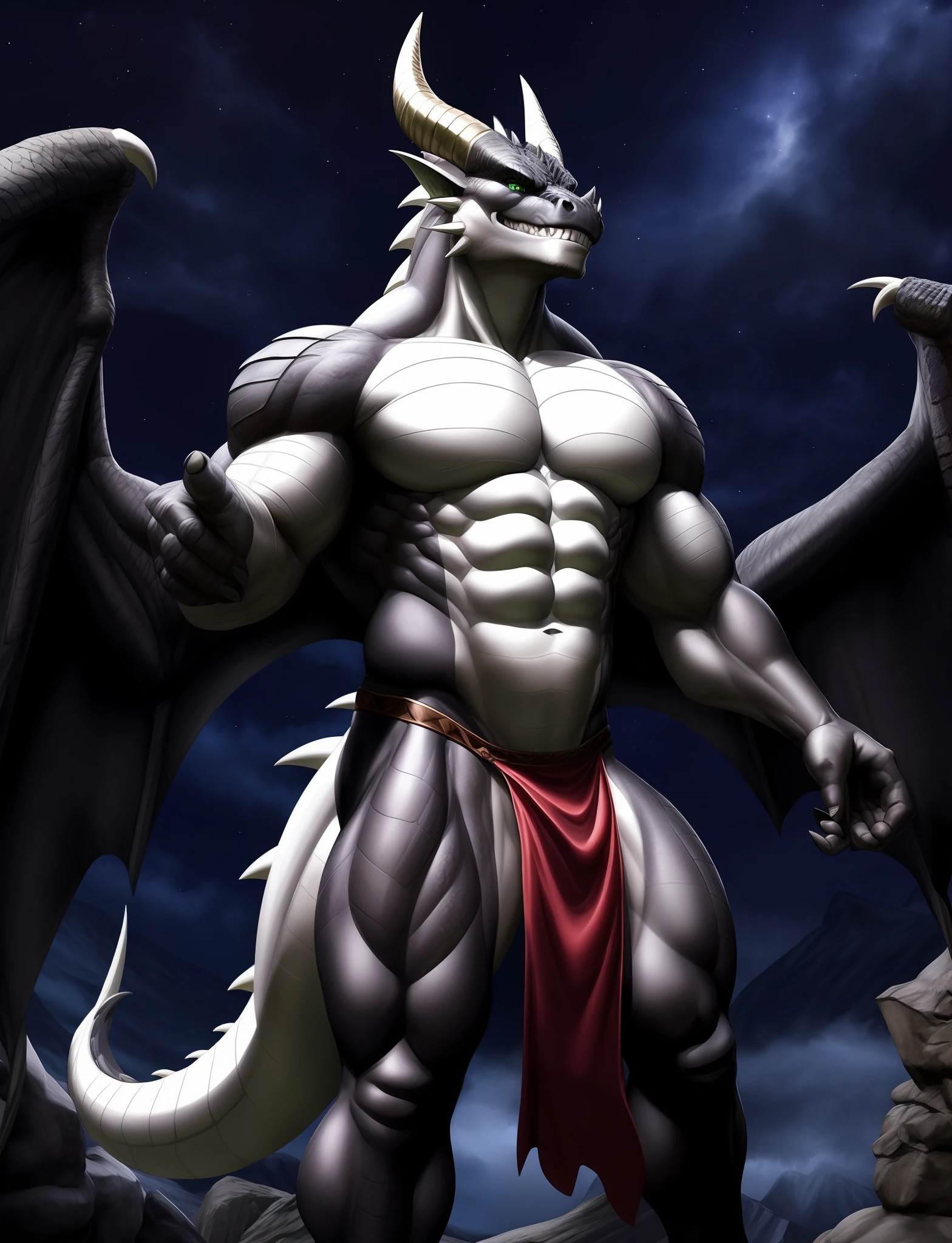 Muscular Anthro Dragon, Black Color, Wings, Horns, Tail, Green Eyes, Loincloth (White), High Detail, 3D, Dark Shadows, Night Sky
