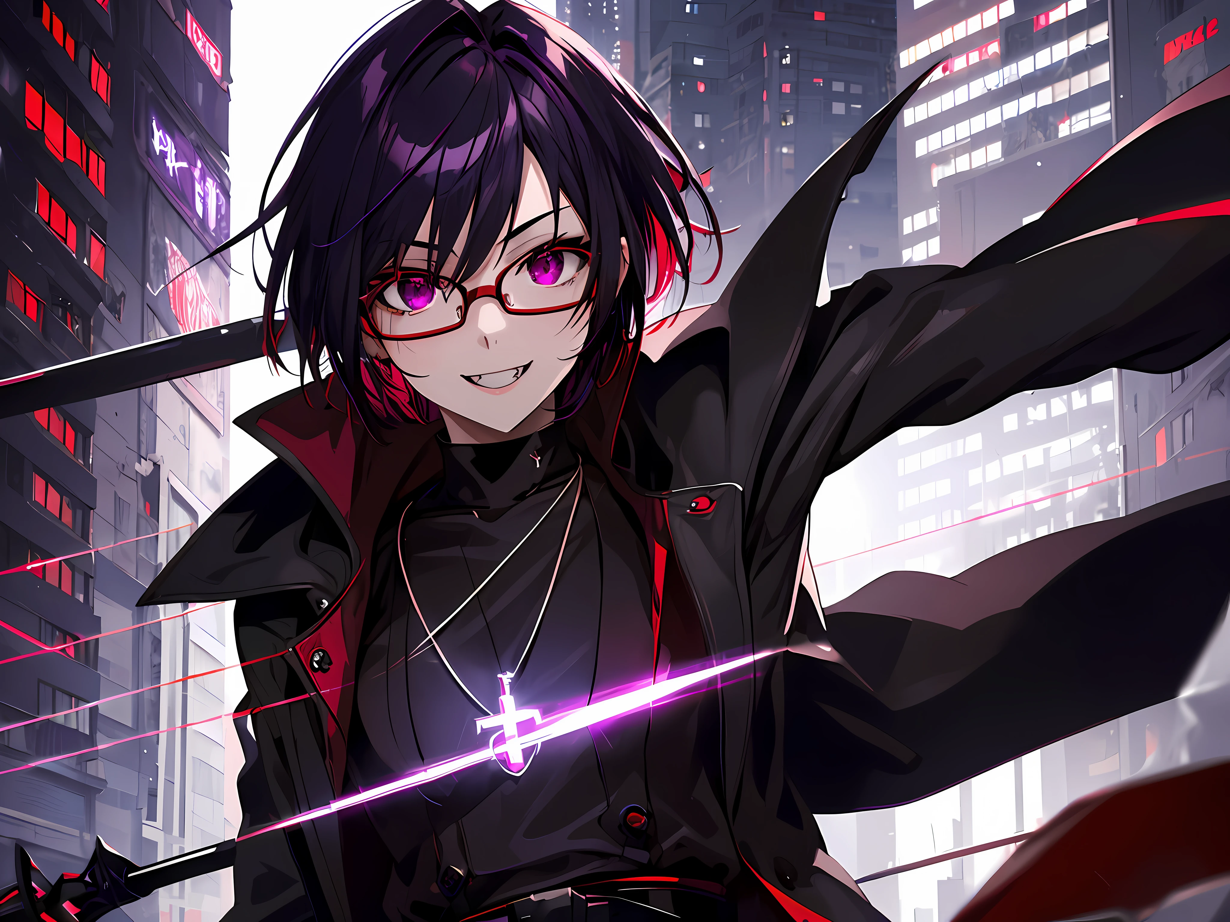 masterpiece, vampire boy,best quality, ultra-detailed, illustration, close-up, straight on, face focus, solo,, short hair, city, sunlight,(Soft glow:1.1),light smile,8k, best quality, ultra high res, vampire male, high quality,cyberpunk style, wearing round glasses, sci-fi, anime vampire boy, ((red purple Black mixed hair)), half red half purple eyes, wearing round glasses, silver cross necklace, black rings, fangs, smile, wearing a big cybercoatwith different lighting in it , long big cybernetic scythe, outsideon Japanese street, close up photo