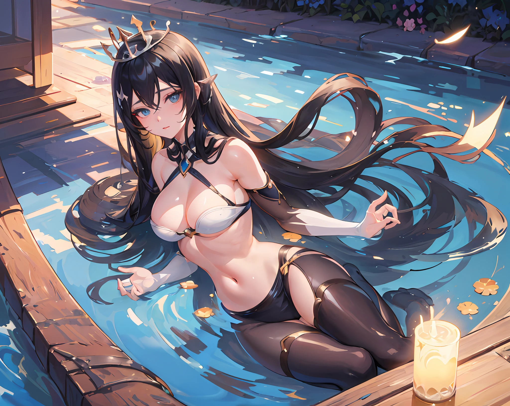 (high quality detailed art 8k, ((anime girl)),((beautiful fantasy queen))), high quality lighting, natural shadows, ((highly detailed art germ)), floating feeling, sexy pose , ((long black hair)), ((long black hair)), dress, large breasts, exposed stomach, white liquid, exposed armpits, beautiful face, seductive eyes, detailed digital anime art, dynamic angle, strap, (pool side view), ripples, water surface.